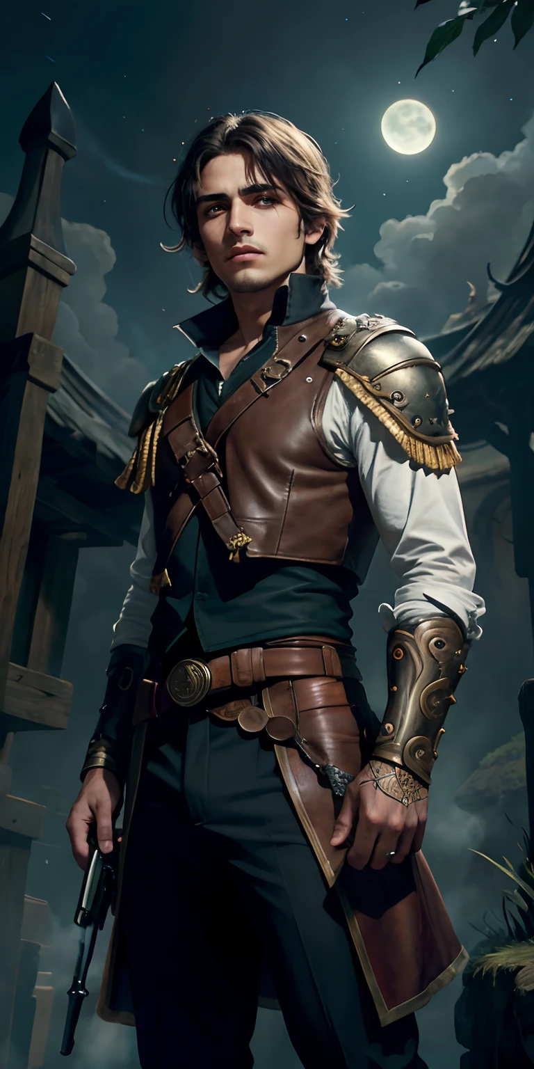 fin, (best illustration), 8K resolution, Detalles intrincados, La mejor calidad, realista, ultra detallado, Better lighting, Las mejores sombras, Ultra HD, un cazador de nigromantes, noche, luna, Magic Mist, Estilo oscuro, cazador, armamento, (armás), (pistolas), espadas Ojos brillantes, joven guapo, Warrior Prince