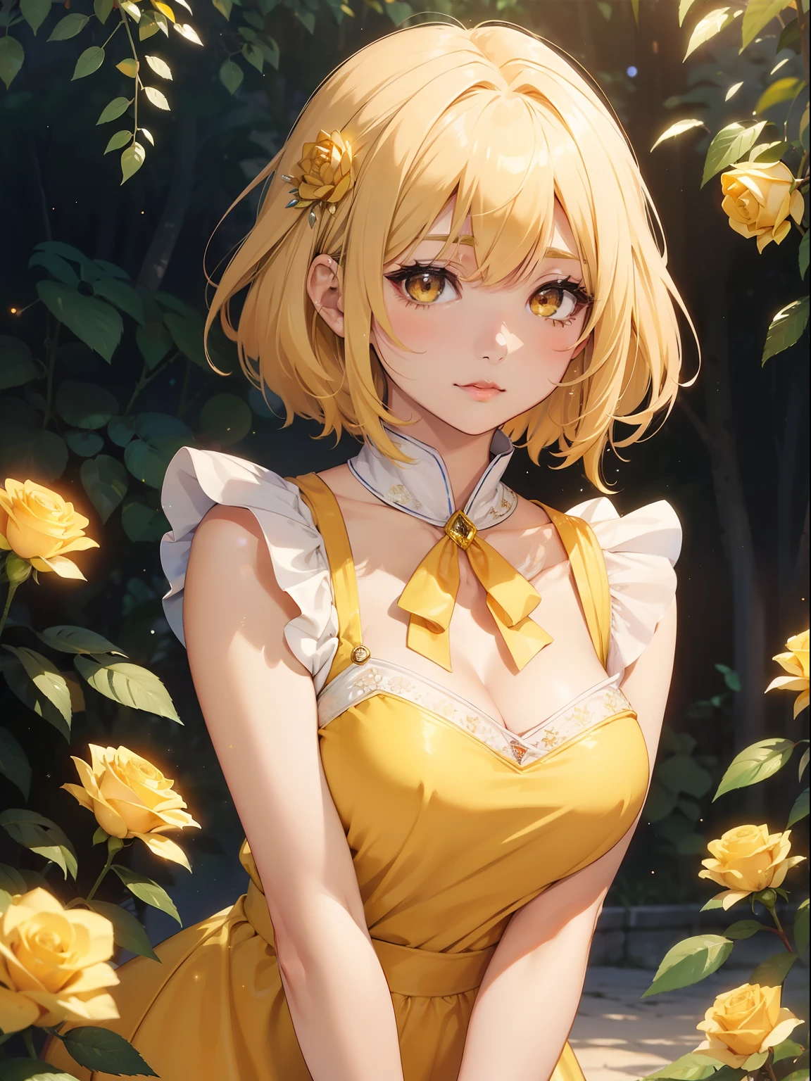 masutepiece, High resolution, 8K, anime woman, Delicate and detailed writing 、Detailed digital illustration、Short hair、perm、Shiny hair、Bangs、a very beautiful woman、Eyes are double, Large, Bust is D cup、High image quality, High quality、Detailed background、The inside of the eye shines like a diamond、Light yellow hair、Gradient pupil、(((2 arms、4 fingers, 1 thumb)))、Detailed female face、Very beautiful and cute woman、、细致背景、​masterpiece、Soft Focus , Bright gradient watercolor , Lens Flare , (((Glitter))) , Glow , Dreamy , Yellow Ribbon、((Very beautiful yellow rose hair accessories))、((Straight at the angle of the front))、
(Sexy white apron),(((Eat curry rice)))