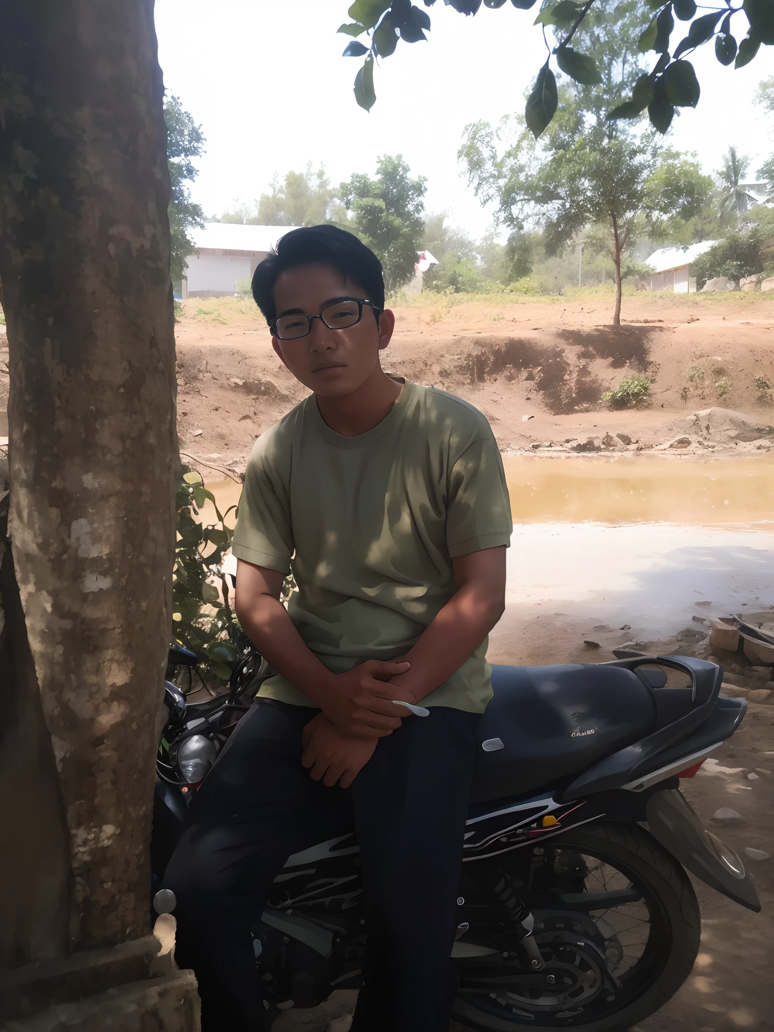 there is a man sitting on a motorcycle next to a tree, student, nivanh chanthara, thawan duchanee, ayan nag, help me, photo taken in 2 0 2 0, a picture, profile shot, portait image, potrait, around 1 9 years old, dang my linh, high quality upload, picture, with village