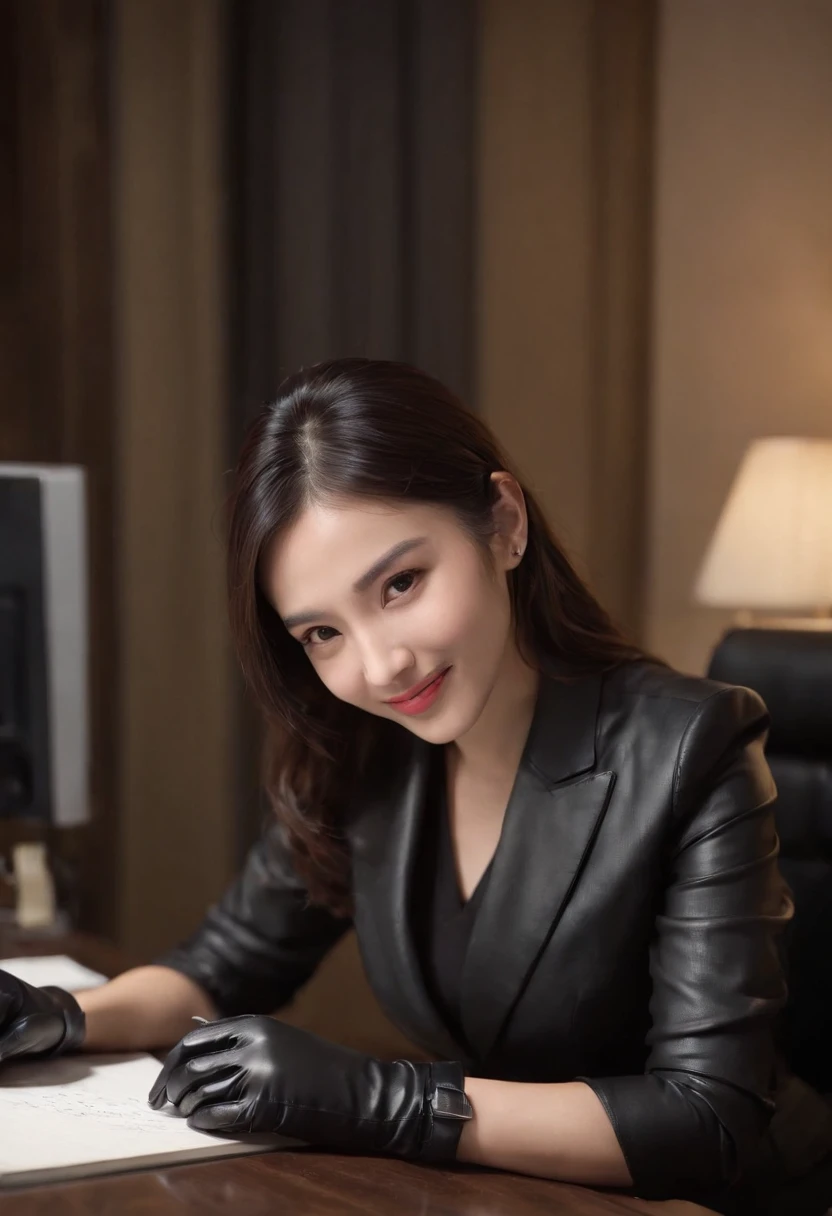 Wearing black leather gloves on both hands, Upper body, Black business suit, Facing the desk in my room with a computer in the dark, Look down and smile, Use a fountain pen to write a letter, Black hair was tied back for a long time, Japan female new employee who is still young and very cute (Black leather gloves cover both hands)Gentle smile looking at the camera、Black leather gloves to do work