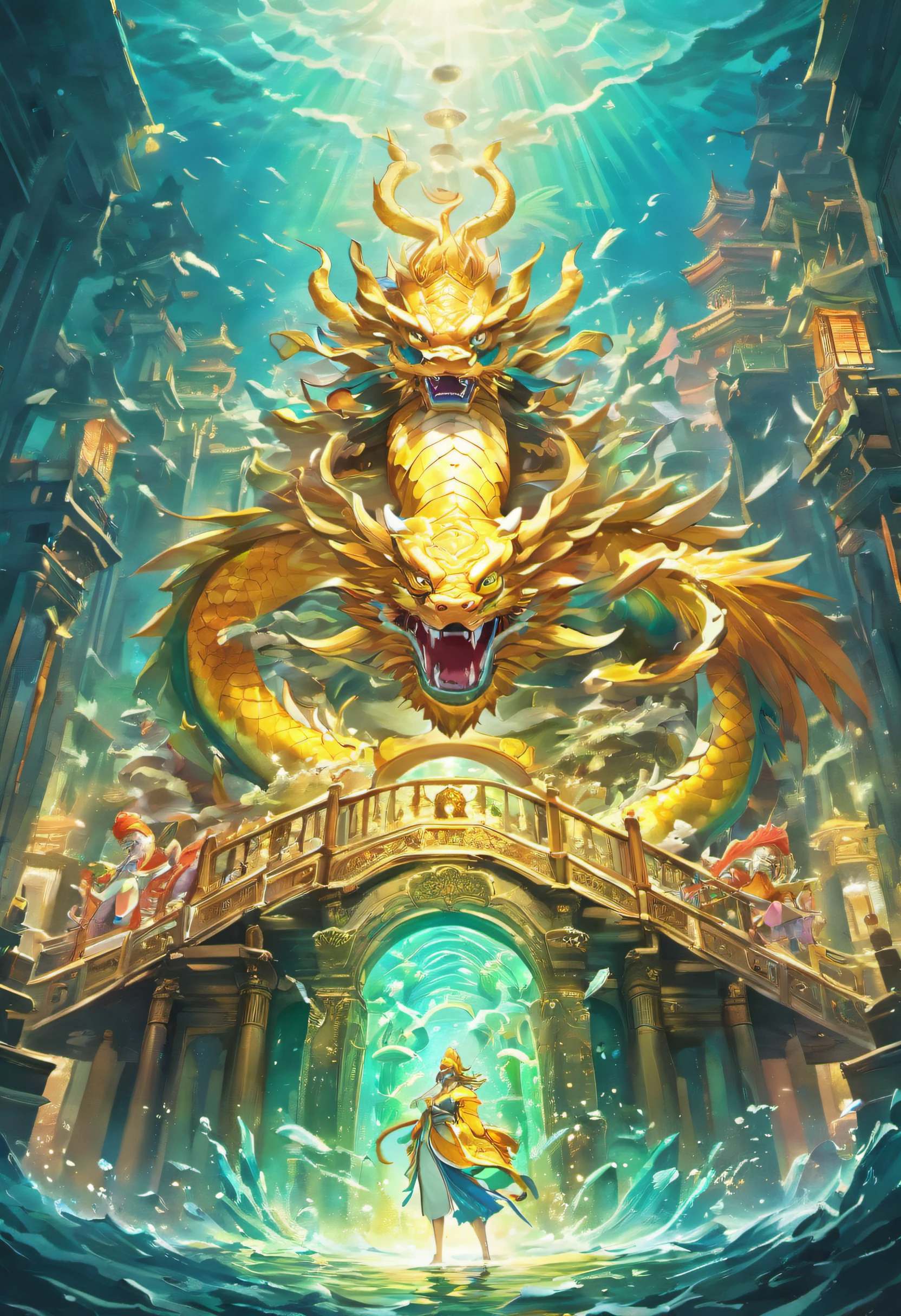 1. Chinese mythology, East Sea Dragon King, Majestic, Powerful, (Ancient deities:1.3), (Serpentine:1.2), (Beard and mustache:0.8), (Whiskers:0.9), (Huge size:1.5), scales, Vibrant colors, Shimmering water, (the reef:1.1), (Golden crown:1.2), (Dragon-shaped throne:1.4), (Flowing robes:1.1), (Dragon-shaped beard ornaments:1.3), (Emerald eyes:1.2), (pearls necklace:1.2), (Golden Trident:1.4), (levitating:1.1), (Sky clouds:1.3), (shimmering dazzling lighting:1.2), (Crashing waves:1.3), (A palace full of treasures:1.5), (Schools of colorful fish:1.2), (an underwater city:1.4), magnifica, Mythical, Magnificent, Extensive and detailed, standing apart, Traditional Chinese architecture.