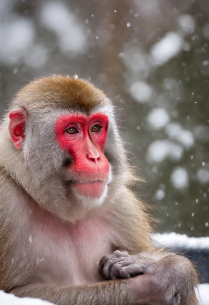 Japanese macaque　Soak shoulder-deep in an open-air bath　Enter　Snow around