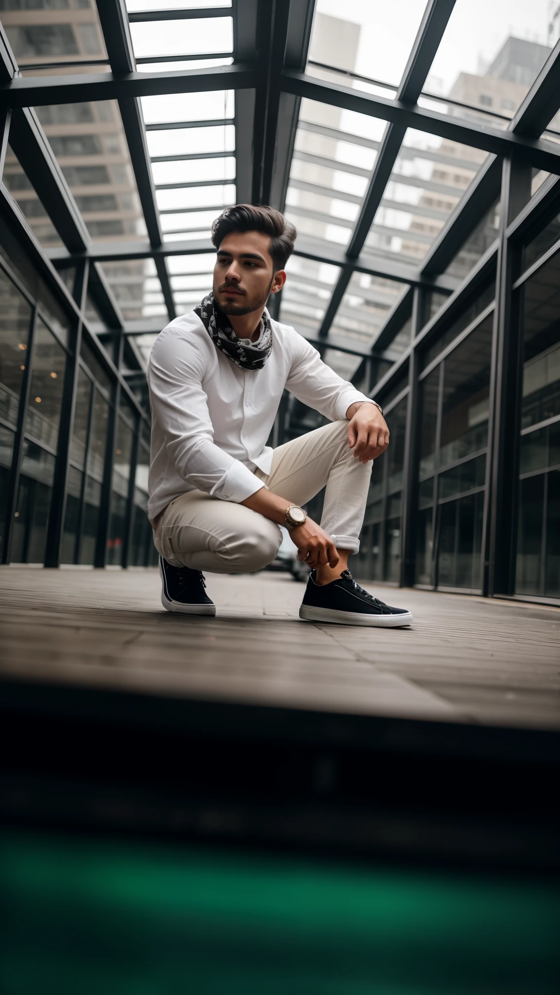there is a man sitting on a floor in a building, taken with sony alpha 9, stylish pose, shot on canon eos r 5, shot on canon eos r5, shot on iphone 1 3 pro max, with a cool pose, cool pose, full body photogenic shot, casual photography, very artistic pose, very very high quality picture, with lovely look, I-phone in right hand, ultra realistic face, hyperrealistic hyperdetailed, detailed body, detailed face, realistic face, detailed eye, black jeans, white embroidered shirt, man scarf, black shoes,