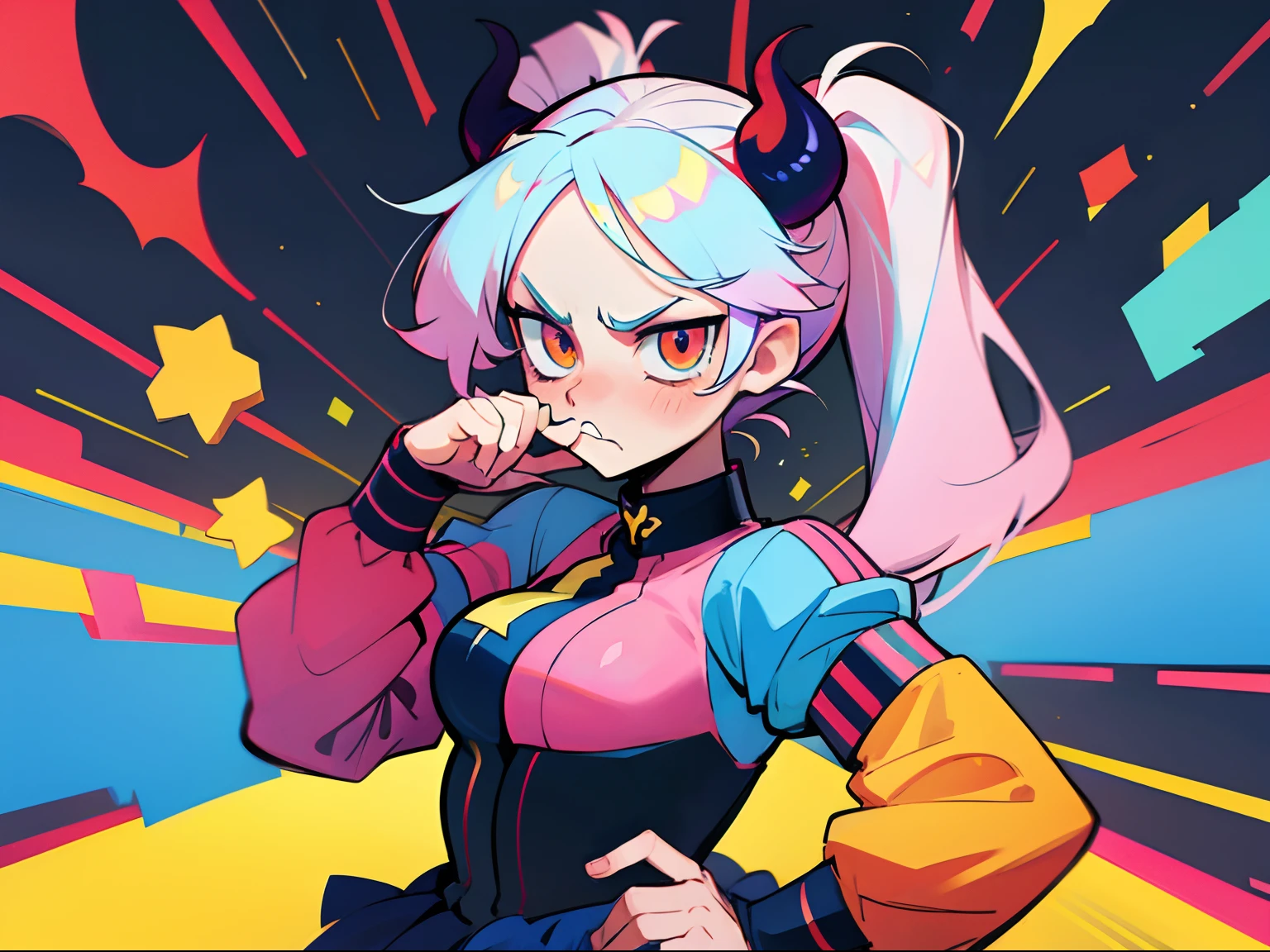 super colorful unique tsundere demon girl, tsundere pose