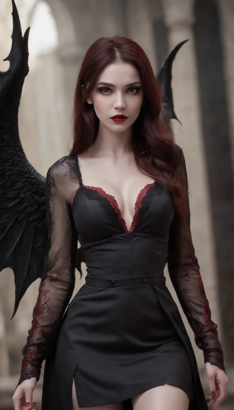 Photorealistic portrait of a demon girl, Enjoyment of blood, She has long black and red hair, A  girl, standing at full height in the dark, It has large black wings behind its back, She is dressed in a black bloody short dress with a plunging neckline, Black openwork stockings, black high heels , Detailed Face, dark makeup, seductive gaze, She likes, (Sexy) the pose, Shows fangs, Blood runs down her lips, bright glowing eyes, Ao fundo, You can see the vastness of hell, blood splash