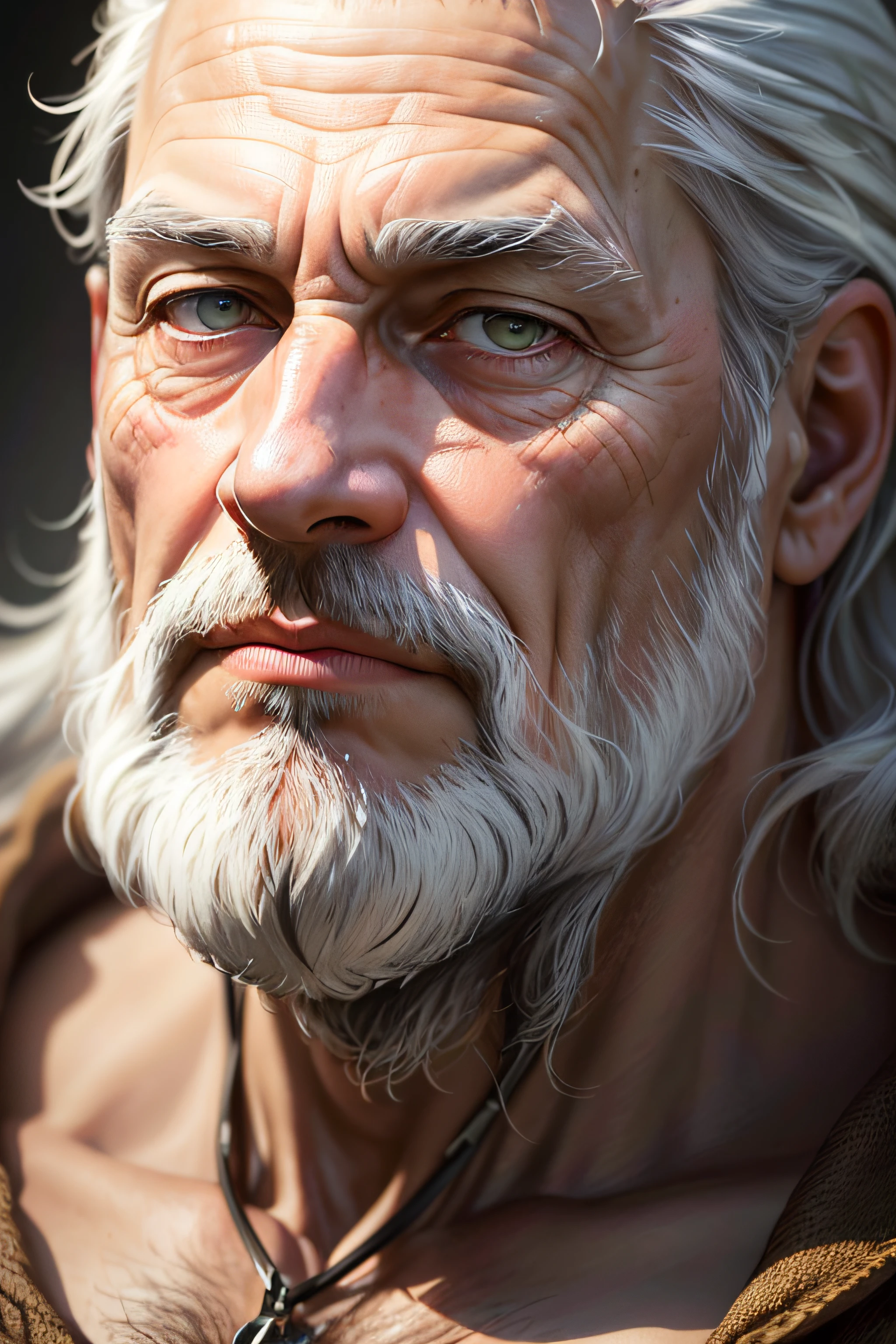 (best quality,4k,8k,highres,masterpiece:1.2),ultra-detailed,(realistic,photorealistic,photo-realistic:1.37),portrait,detailed face,wise eyes,gray hair,white beard,strong facial features,wrinkles on face,natural lighting,subtle shadows,high contrast,brown background.