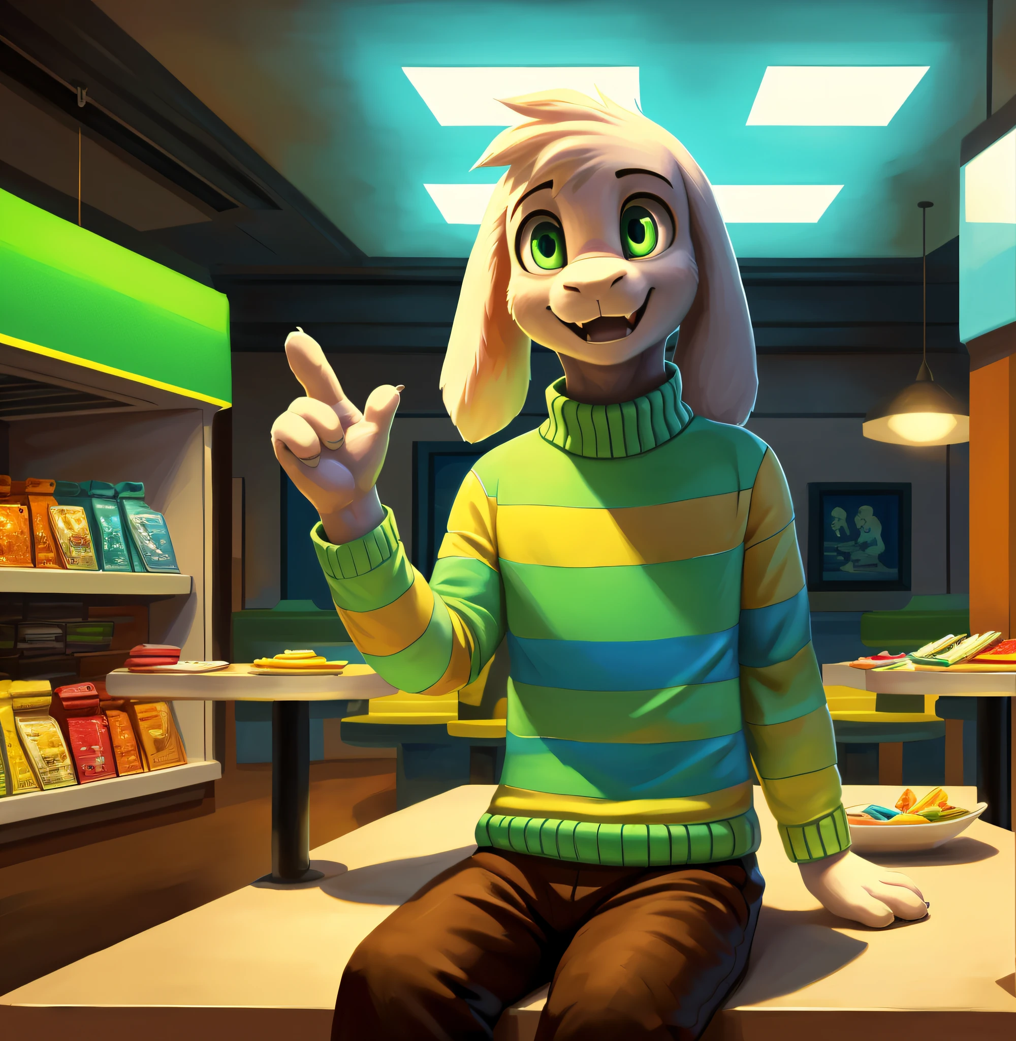 1boy,(( )), green t-shirt, pants, solo, kid, cute, sit, backlit, artistic composition, a pink-blue vaporwave themed retail store, diner, dinner, dramatic, dynamic pose, smiling, happy, great composition, gold, adorable, (green-yellow stripe sweater, brown pants), (best quality, ultra-detailed, best illustration, masterpiece, high res, professional artwork, famous artwork), realistic paint, (insane detailed eyes, green shine eyes), white fur, detailed realistic painting, male, detailed white fur, asriel, portrait, detailed hands, shaded, four fingers, insane details, looking forward, cartoon, cute