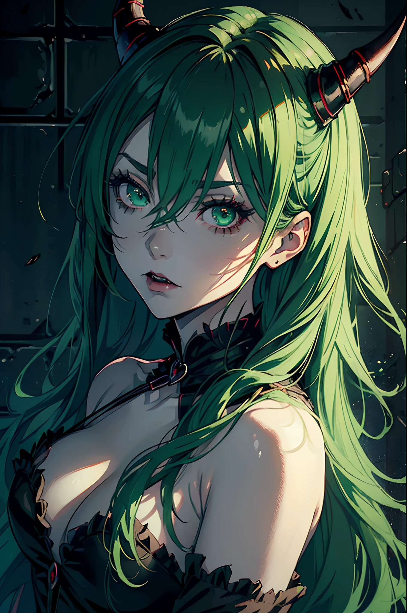 ((masterpiece, best quality)), (1girl, anime girl in dark prison),(mature, devil horn), (solo), (female focus), (green hair, messy hair),green eyes, ((vampire, black gown)), pale skin, evil, vicious, portraits, close up, upper body, vibrant colors, soft lighting
