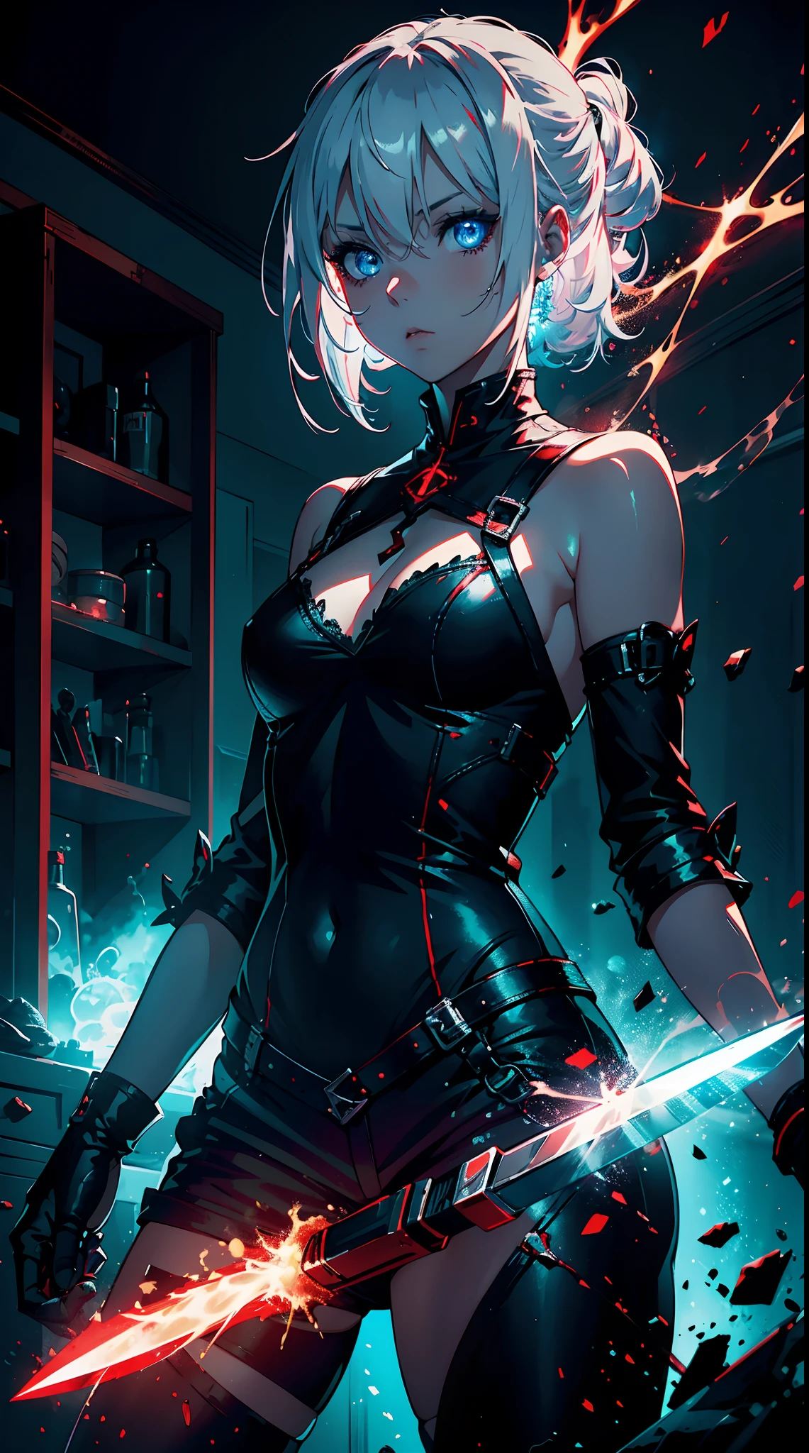 Gril, li,white hair, blue eyes,Holding a knife, red liquid and red blood, living room background.HD lighting and dark )(epic image quality) dark atmosphere with bright particle light(many effects in background)