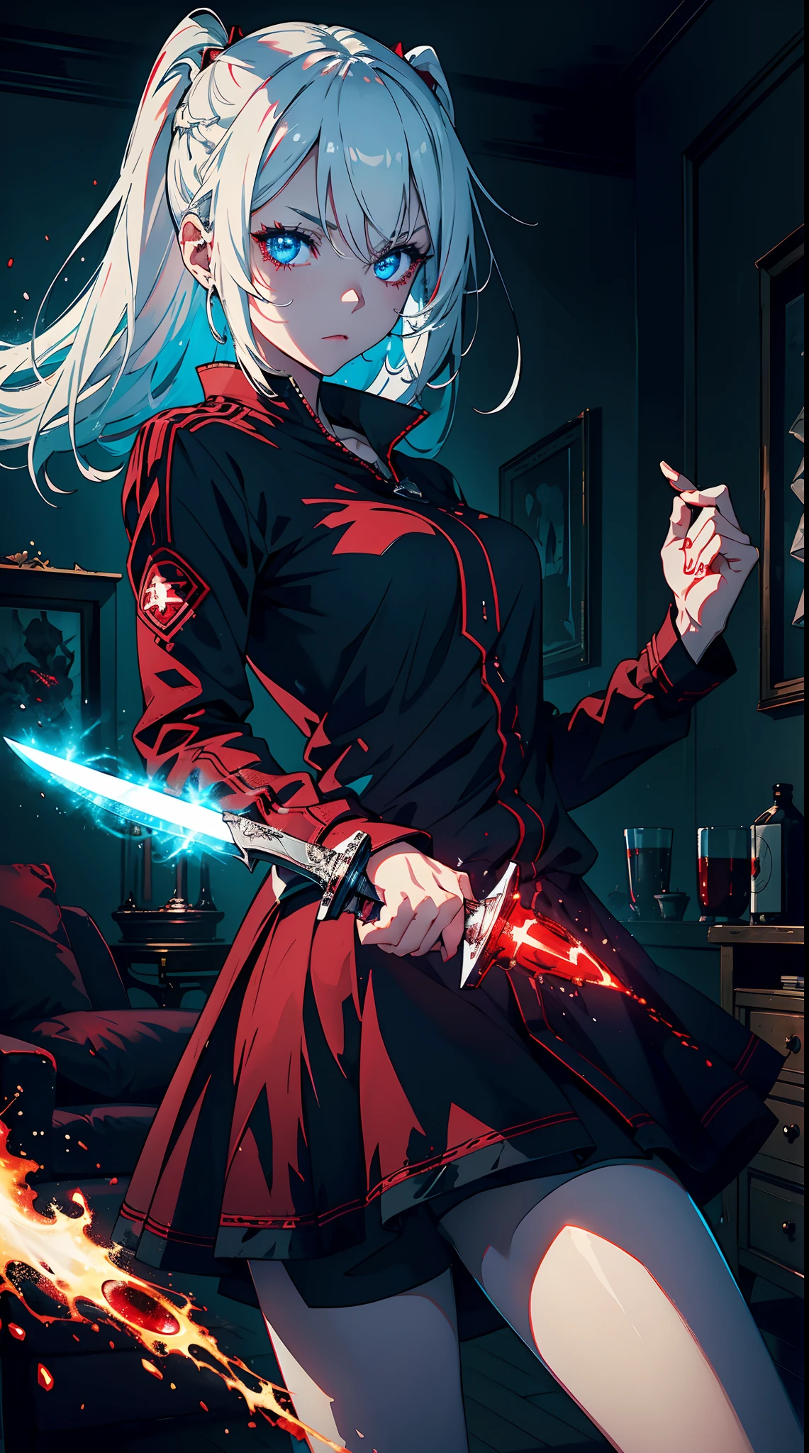 Gril, li,white hair, blue eyes,Holding a knife, red liquid and red blood, living room background.HD lighting and dark )(epic image quality) dark atmosphere with bright particle light(many effects in background)