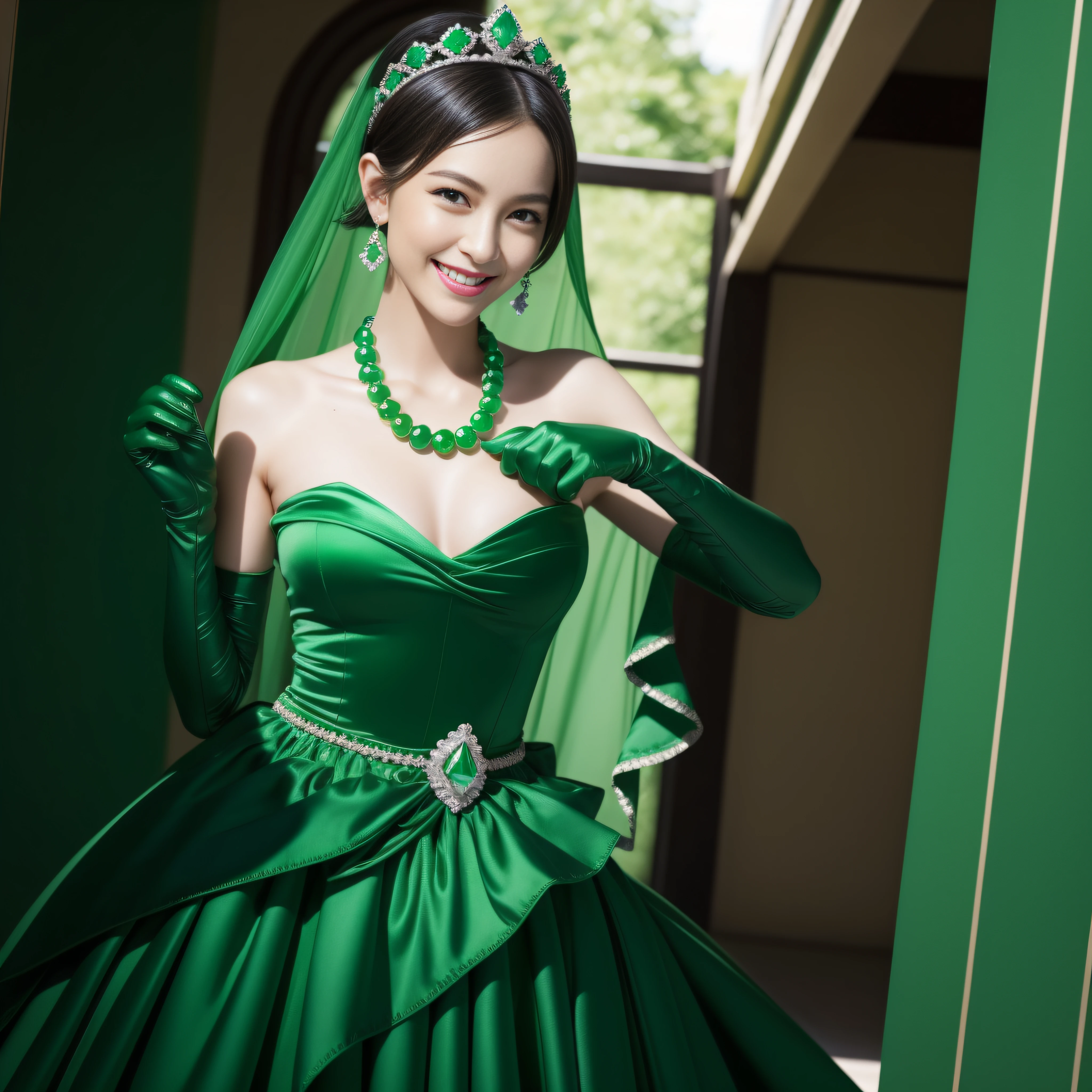 emerald tiara, Green Pearl Necklace, Boyish very short green hair, lipsticks, Japan woman smiling, very short short hair, fist, big breasts beautiful, Green eyes, Long green gloves made of satin material, Green eyes, Emerald Earrings