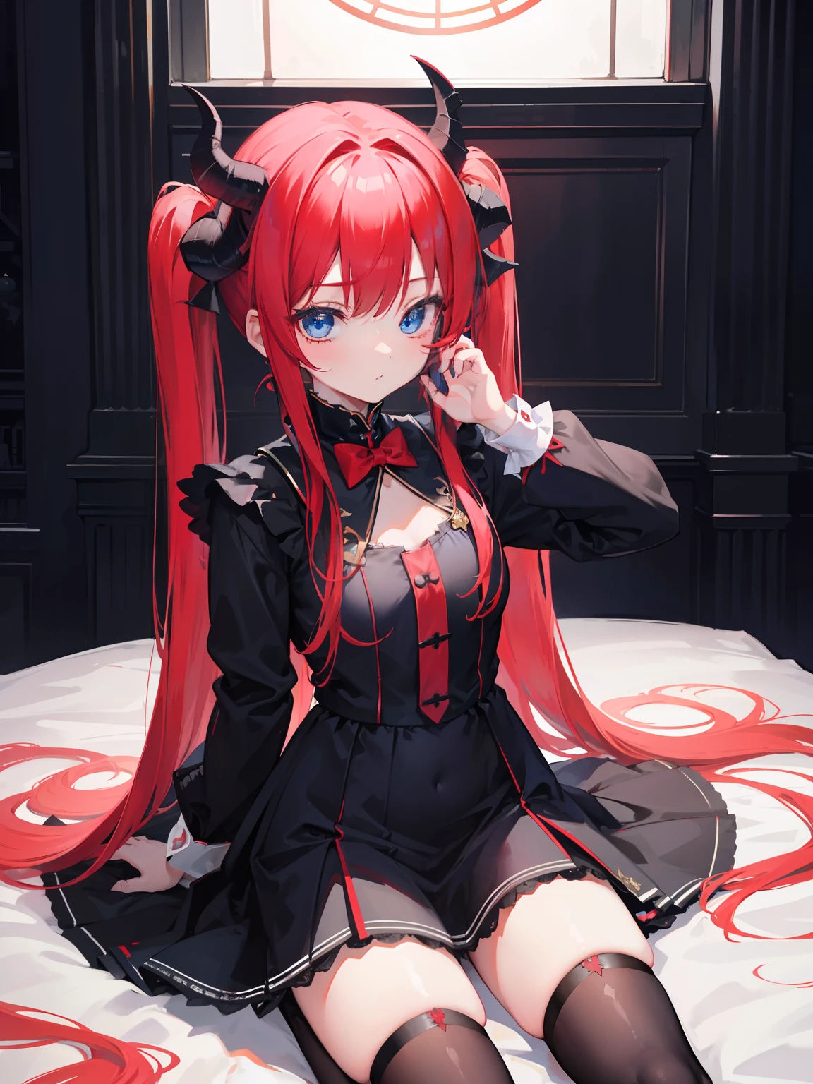 red hair,blue eyes,twintails, long hair, solo, loli, black stockings,{{best quality}}, {{masterpiece}}, {{ultra-detailed}}, {illustration}, {detailed light}, {an extremely delicate and beautiful},,cute,Succubus, demon,horns