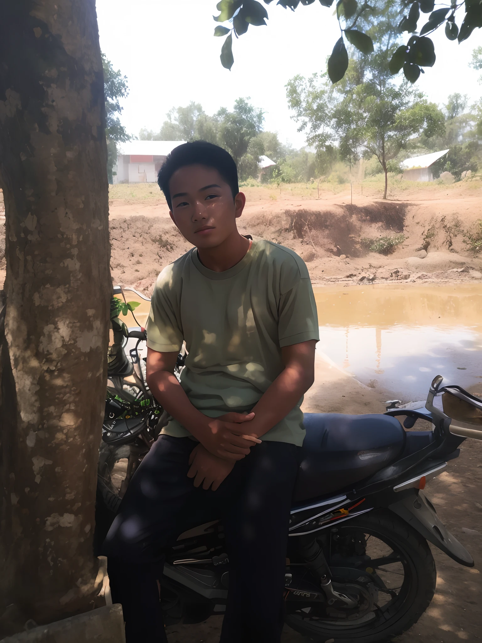 there is a man sitting on a motorcycle next to a tree, student, nivanh chanthara, thawan duchanee, ayan nag, help me, photo taken in 2 0 2 0, a picture, profile shot, portait image, potrait, around 1 9 , dang my linh, high quality upload, picture, with village