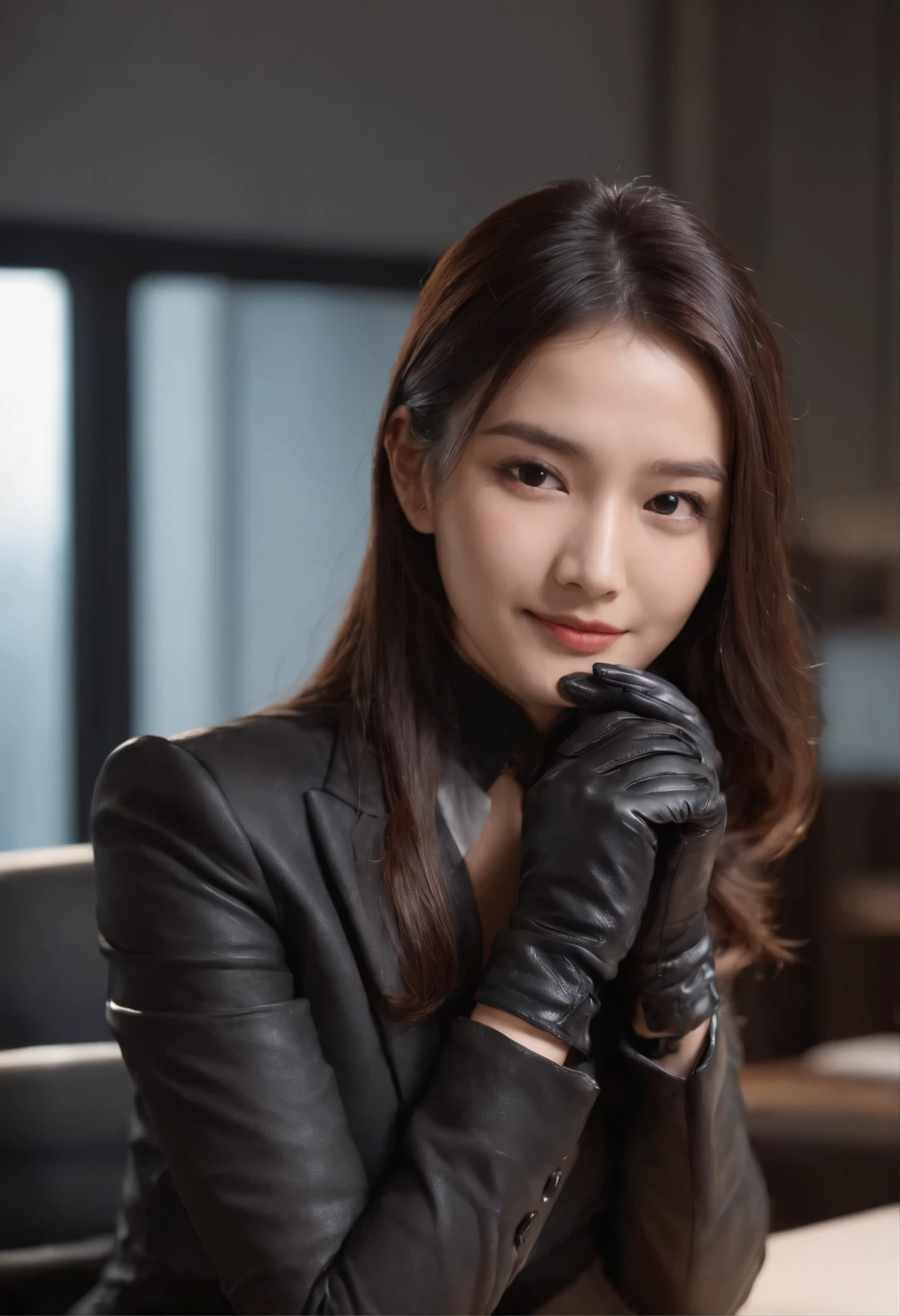 Wearing black leather gloves on both hands, Upper body, Black business suit, Facing the desk in my room with a computer in the dark, Look down and smile, Use a fountain pen to write a letter, Black hair was tied back for a long time, Japan female new employee who is still young and very cute (Black leather gloves cover both hands)Gentle smile looking at the camera、Black leather gloves to do work