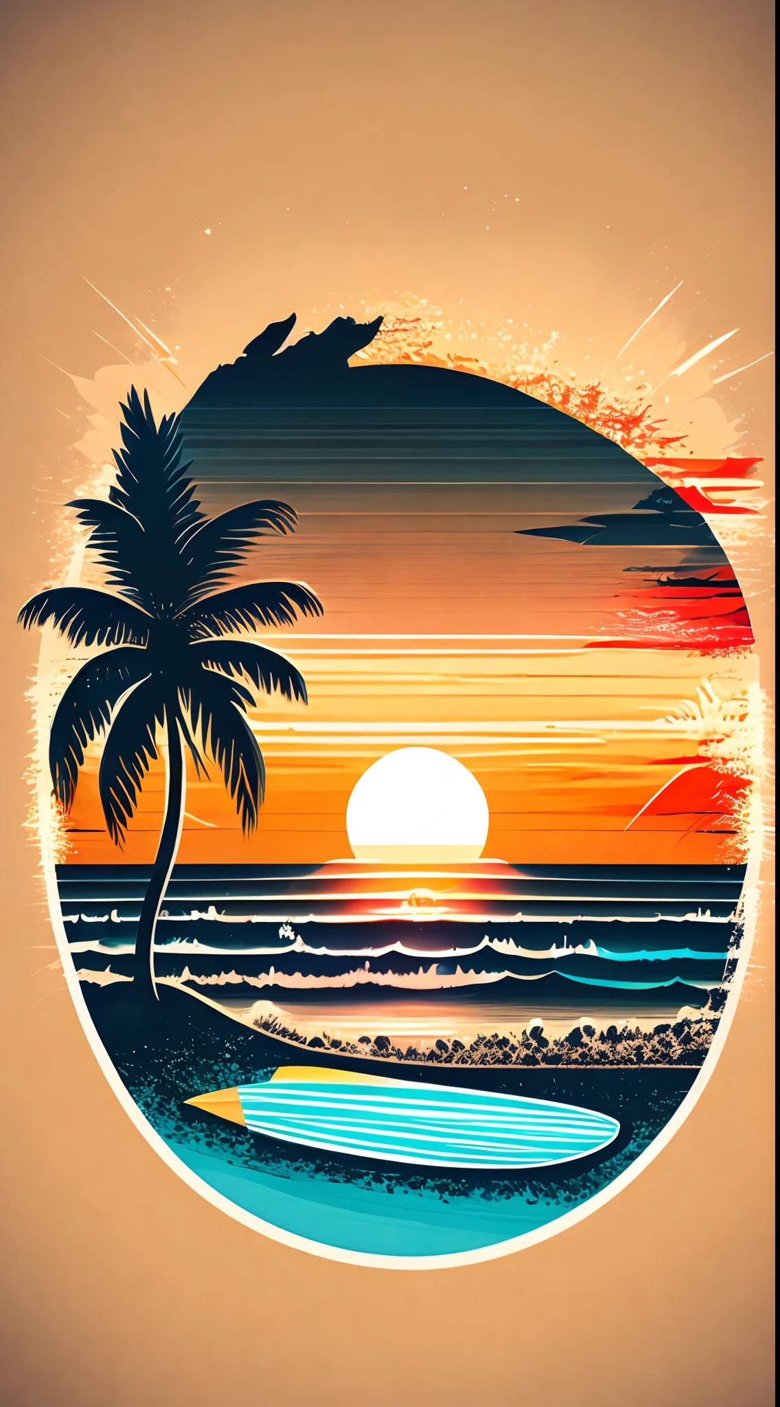 sunset beach with surfboard and umbrella, tshirt design, vector-art