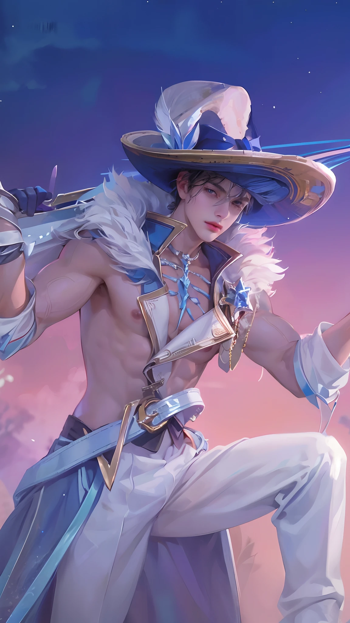 8K, Best Quality, Masterpiece, Ultra High Resolution, (Realistic: 1.4), Original Image, (Realistic Skin Texture: 1.3), (Film Grain: 1.3), (Selfie Angle), ( 1 boy), (Short hair), (Wearing Fedora hat), Beautiful eyes and facial details, Masterpiece, Best quality, Close up, Toned body, Perfect muscles, Exposed chest muscles, Six-pack body, Natural skin, Hairless, Shirtless, Transparent white underwear, (Boy standing, (Summer, Beach, Trees, Coconut trees, Flowers, Blue sky, White clouds, Sunshine )