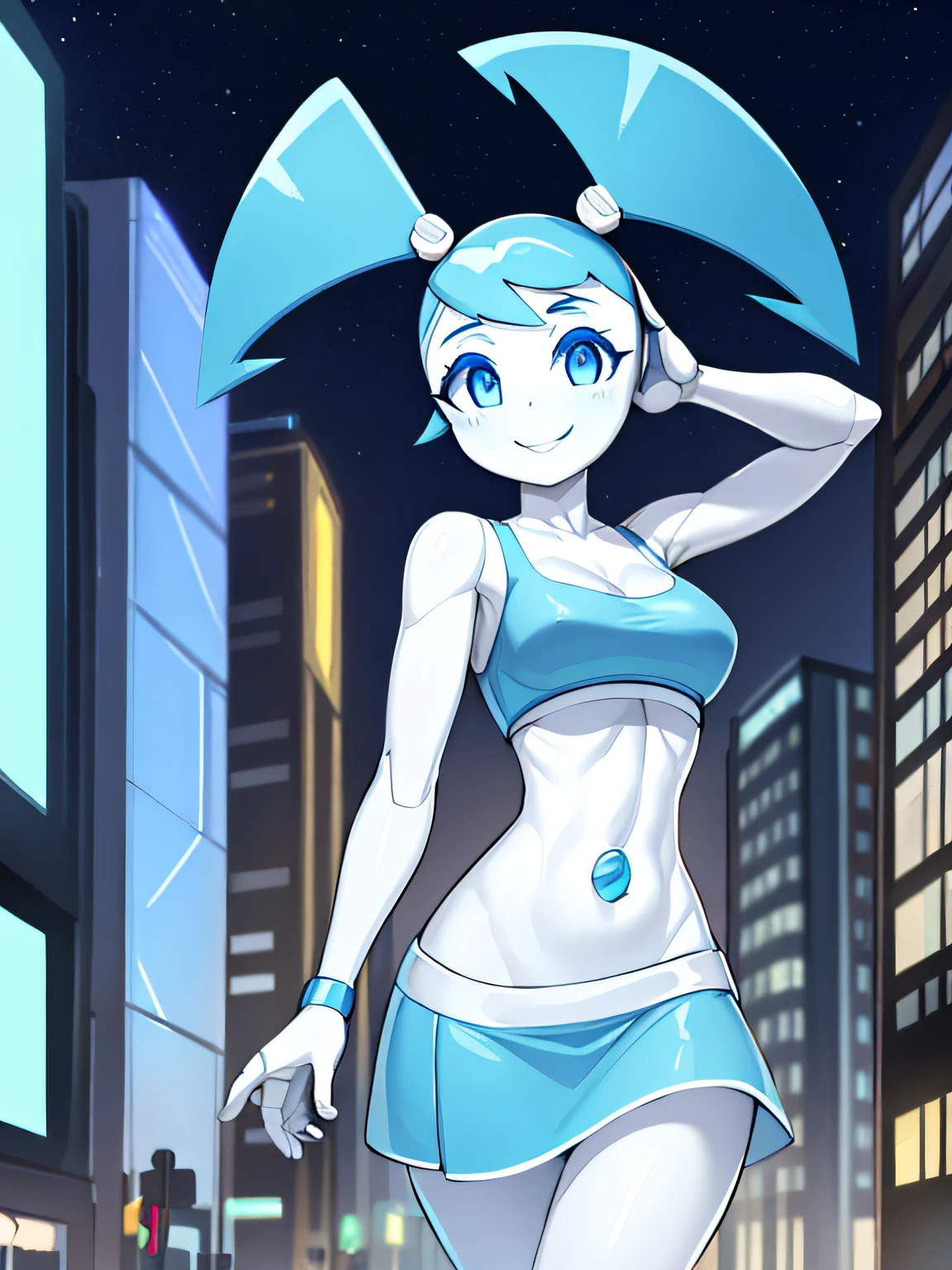 a beautiful and detailed portrait of jenny wakeman,happy,blue eyes,blue midriff, blue mini skirt, walking down futuristic city,  ((white skin:1.2)), medium breasts, night time,