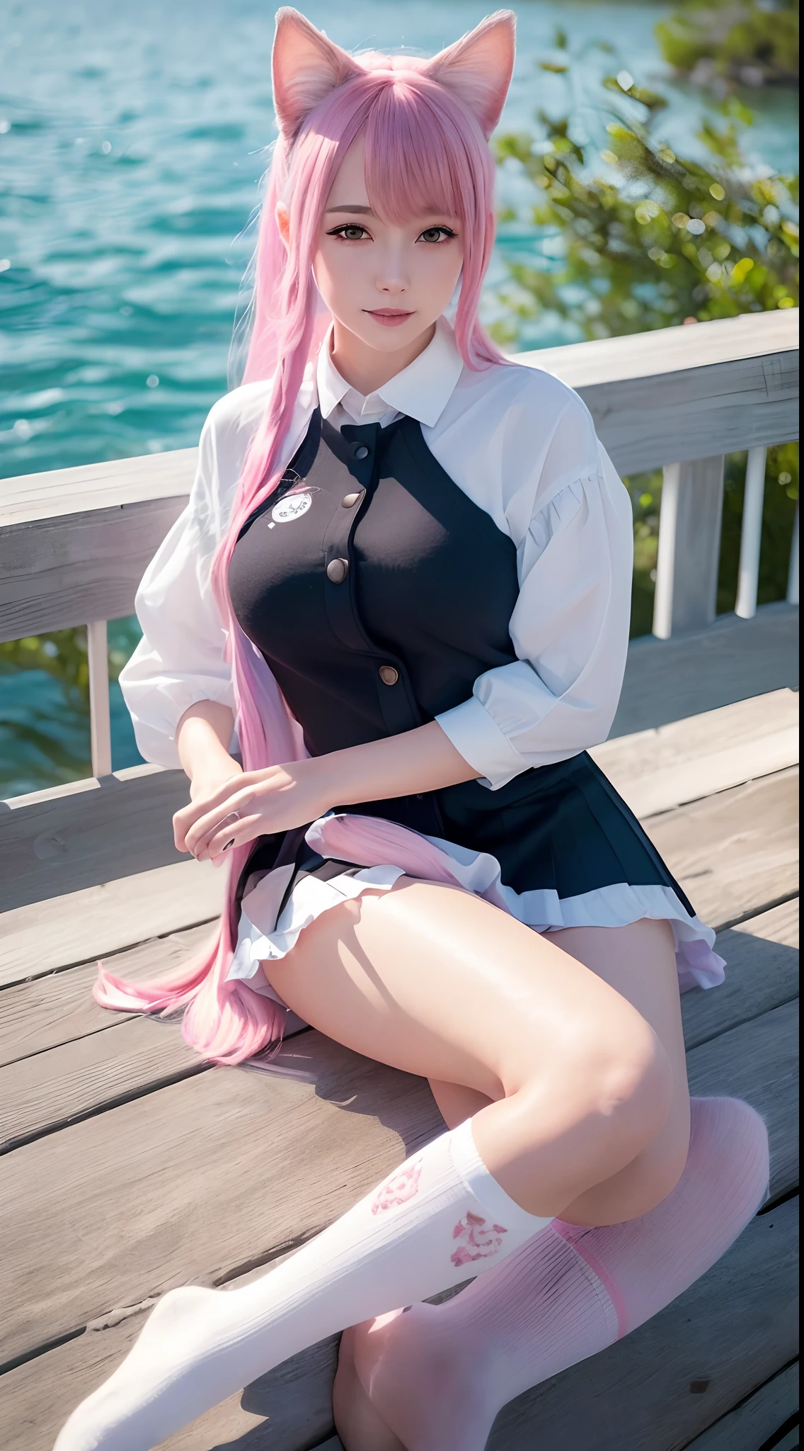 (best quality,4k,8k,highres,masterpiece:1.2), ultra-detailed,(realistic,photorealistic,photo-realistic:1.37), a woman with two tails, JK school uniform, white lace knee-high socks, vibrant colors, pink hair, cat ears, soft lighting, harbor, beach, boat trip