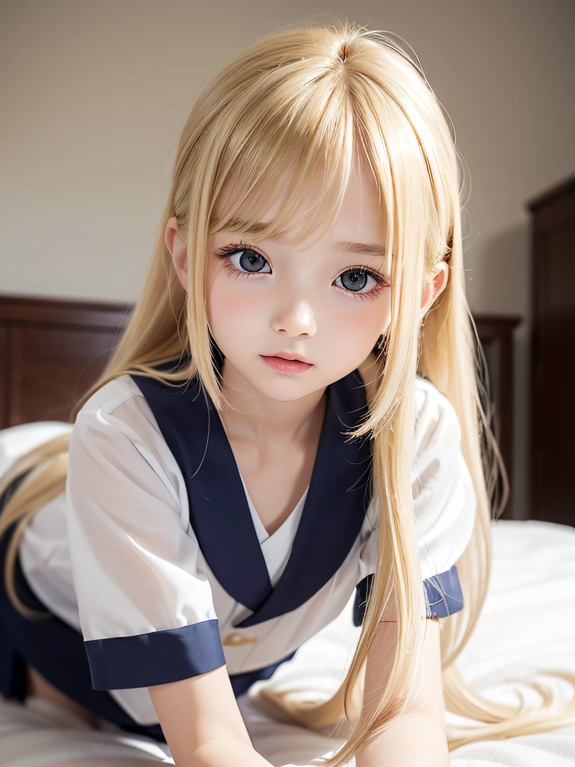 (((Being on the bed)))、(((all-fours)))、The most beautiful pretty cute faces、Russian beauty girl、bright expression、Very long and beautiful straight hair、half ponytail、(((Beautiful blonde hair shining golden)))、The most beautiful girl in the world、Sexy cute beautiful 、bright big pale blue eyes、snow-white shiny skin、shiny beautiful skin、a baby face、daoss of cheeks、long bangs swaying in front of the face、Transparent beautiful natural blonde silky soft hair、School Uniforms、japanese sailor suits、, ((Petite)), ((Little)), ((Flat_Chest)), ((skinny)),