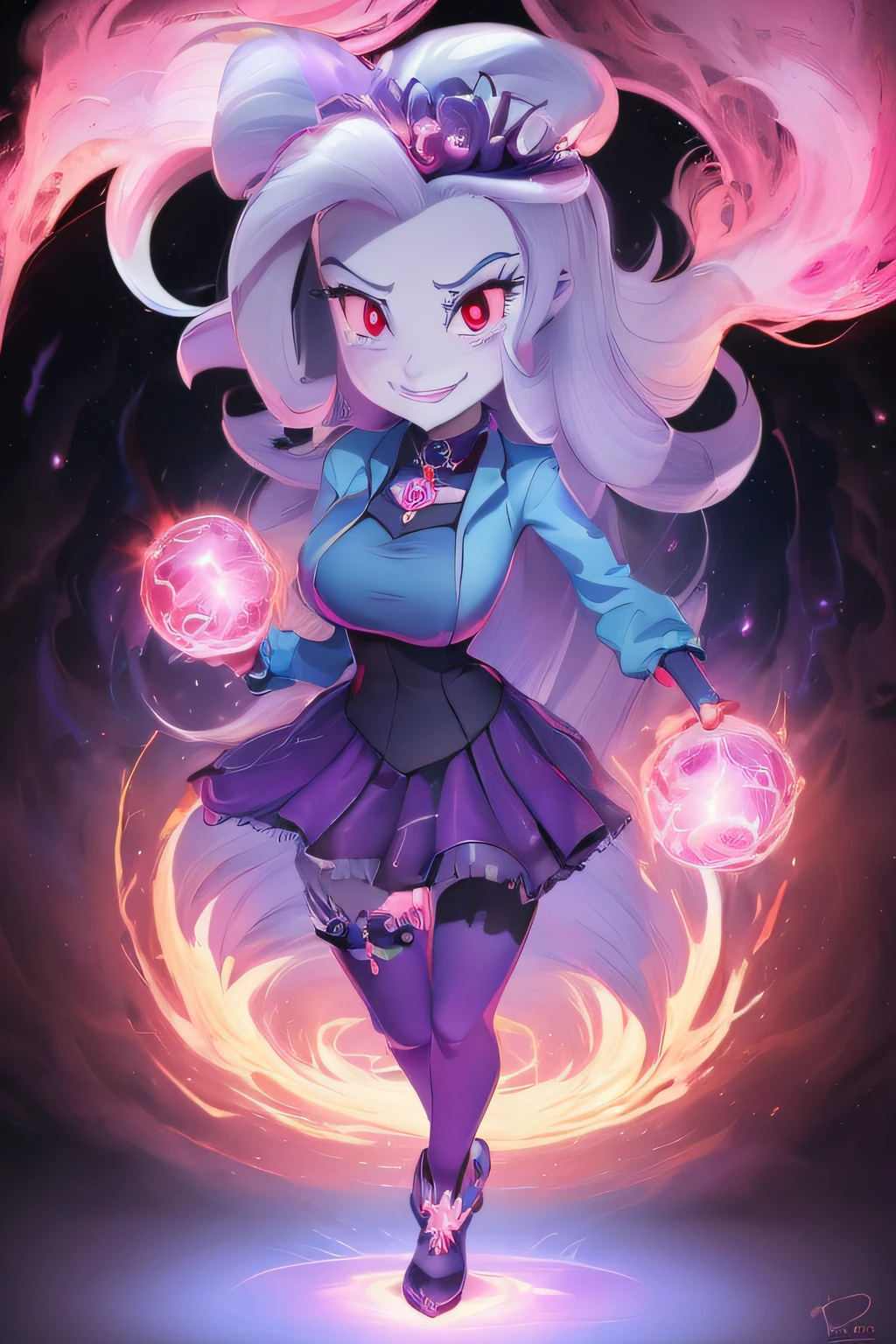 high quality, exquisite, beautiful depiction of Trixie Lulamoon as the Equestria Girls version of Batman Who Laughs or Batman Dark Metal fused with Doctor Strange Supreme from "What If," with red eyes and a sinister smile. Trixie Lulamoon is portrayed in a menacing and powerful stance, her fusion of characters emanating an aura of darkness and immense power. Her eyes are glowing red, reflecting her sinister nature, while her smile exudes a sense of malevolence. The image captures Trixie Lulamoon's commanding presence, showcasing her as a formidable and formidable character. The composition is dynamic, emphasizing the fusion of Trixie Lulamoon's dark powers and her connection to the supernatural. The color palette consists of deep and brooding tones, enhancing the dark and mysterious atmosphere of the scene. The image aims to convey the wickedness and power of Trixie Lulamoon fused with the dark and enigmatic qualities of Batman Who Laughs or Batman Dark Metal and Doctor Strange Supreme, Full Body, staring at the viewer