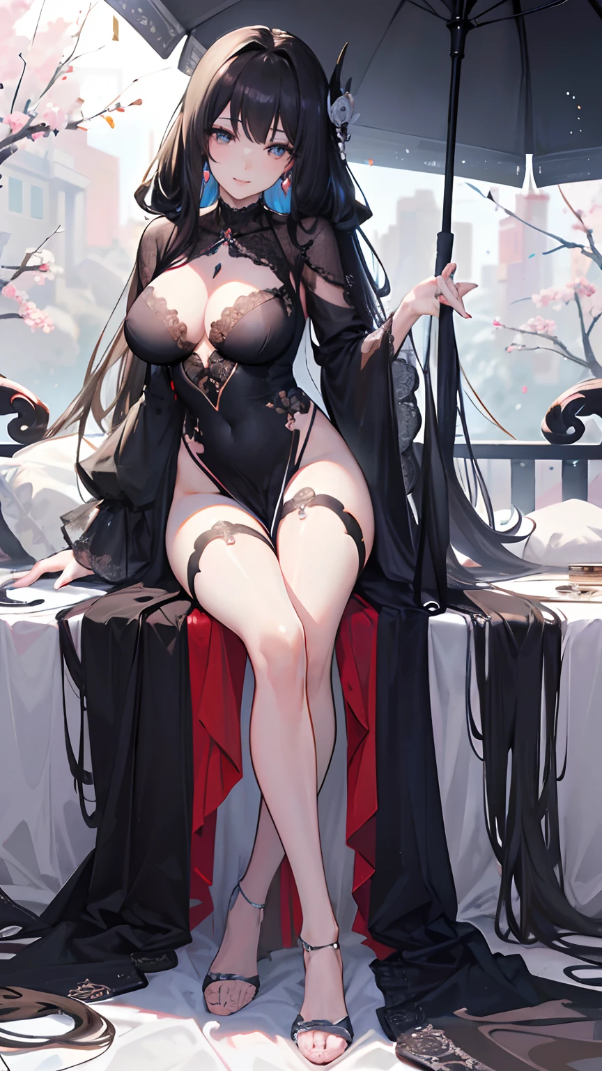 (Best Quality, 4K, masutepiece :1.3), mature pretty woman, Hyper realistic, hyperdetailed face, Detailed lips, Full lips, looking at the viewers、full body Esbian、length hair、outside of house、(hair wavy:0.7)、Black theme、frilld、Detailed eyes、 (Beautiful Anime Face, Detailed face), A smile,detailed human hands,Perfect Anatomy、(Luxurious room)