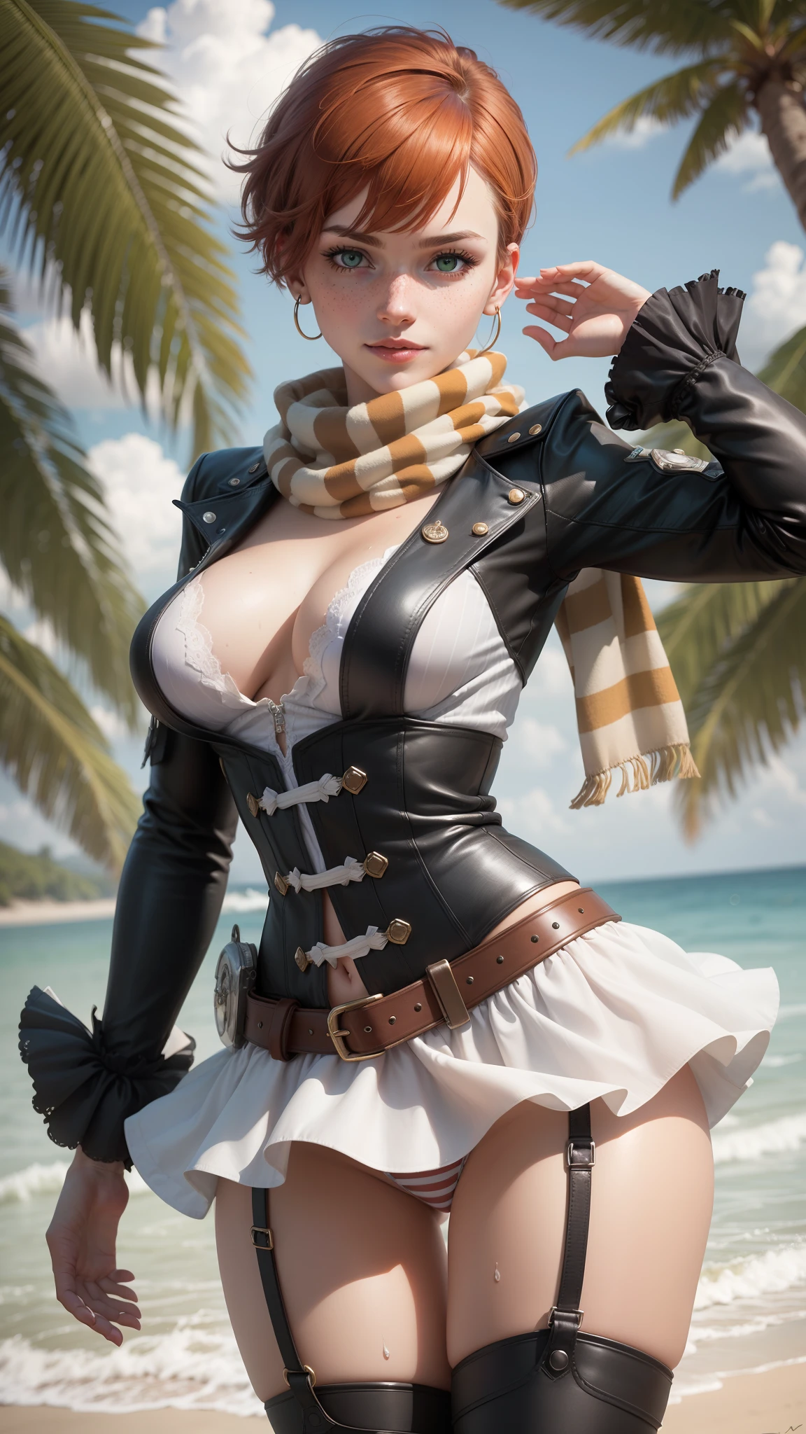 gwen tennyson,tracer,raven,yorha 2b, rebecca chambers,atelier ryza,pirate outfit,beach,teenager,green eyes,thigh high boots,garter belt,shy smile,striped panties,short hair,orange hair,pirate ship,white striped top,gothic long skirt,wet body,freckles,redhead,pirate corset,pirate jacket,beautiful girl,large breasts,ultra detailed,realistic,pearl earrings,long scarf,