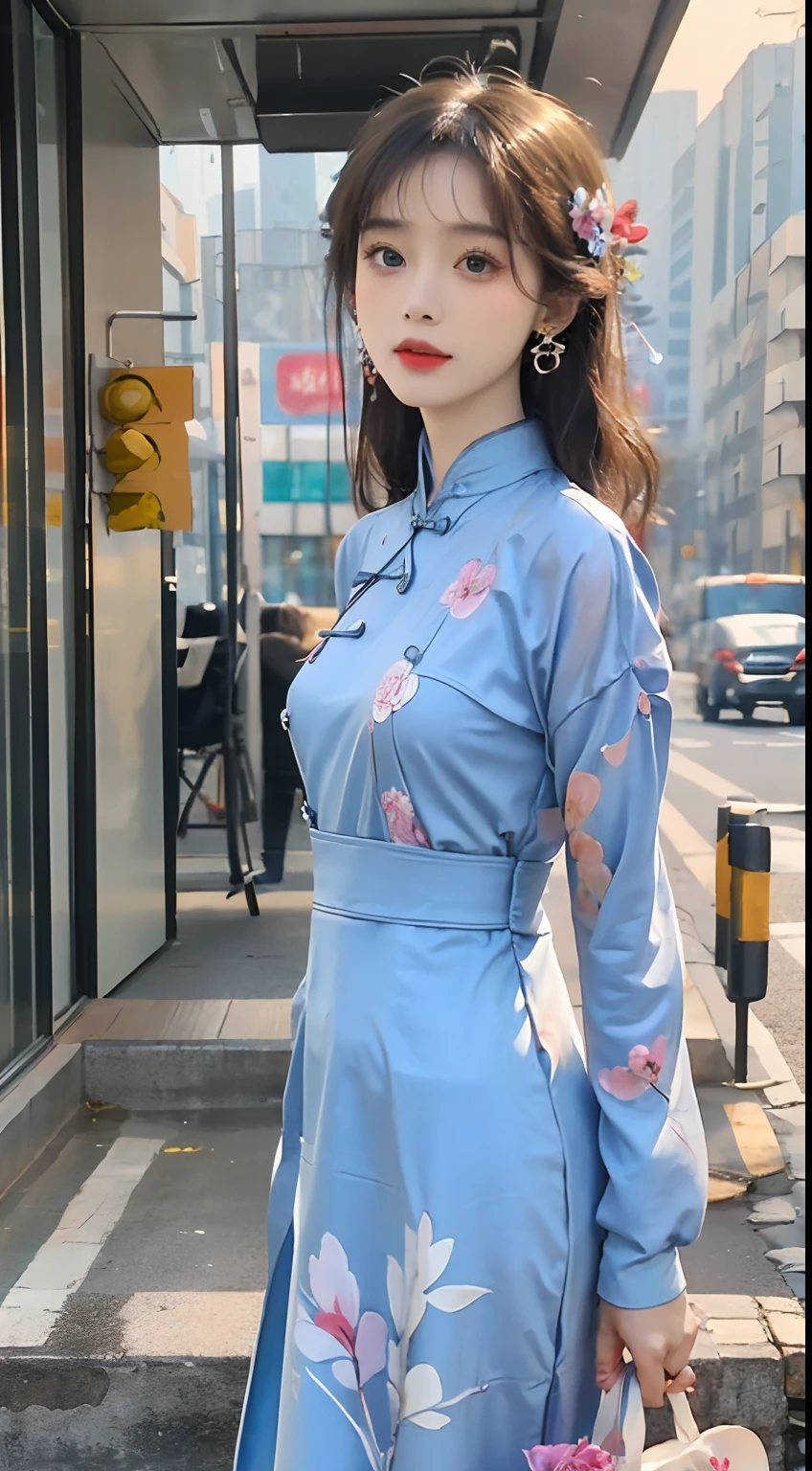 8K，Photorealsitic，(Masterpiece, Top quality, Best quality, offcial art, Beautiful and aesthetic:1.2), (a beautiful girl in vintage aodai:1.3), Extremely detailed,(Fractal art:1.1),(Colorful:1.1)(Flowers:1.3),highest details,(zentangle:1.2), (Dynamic pose), street, Cyberpunk, (vietnam Traditional aodai:1.2), (Shiny skin), (many color:1.4), ,(Earrings:1.4),