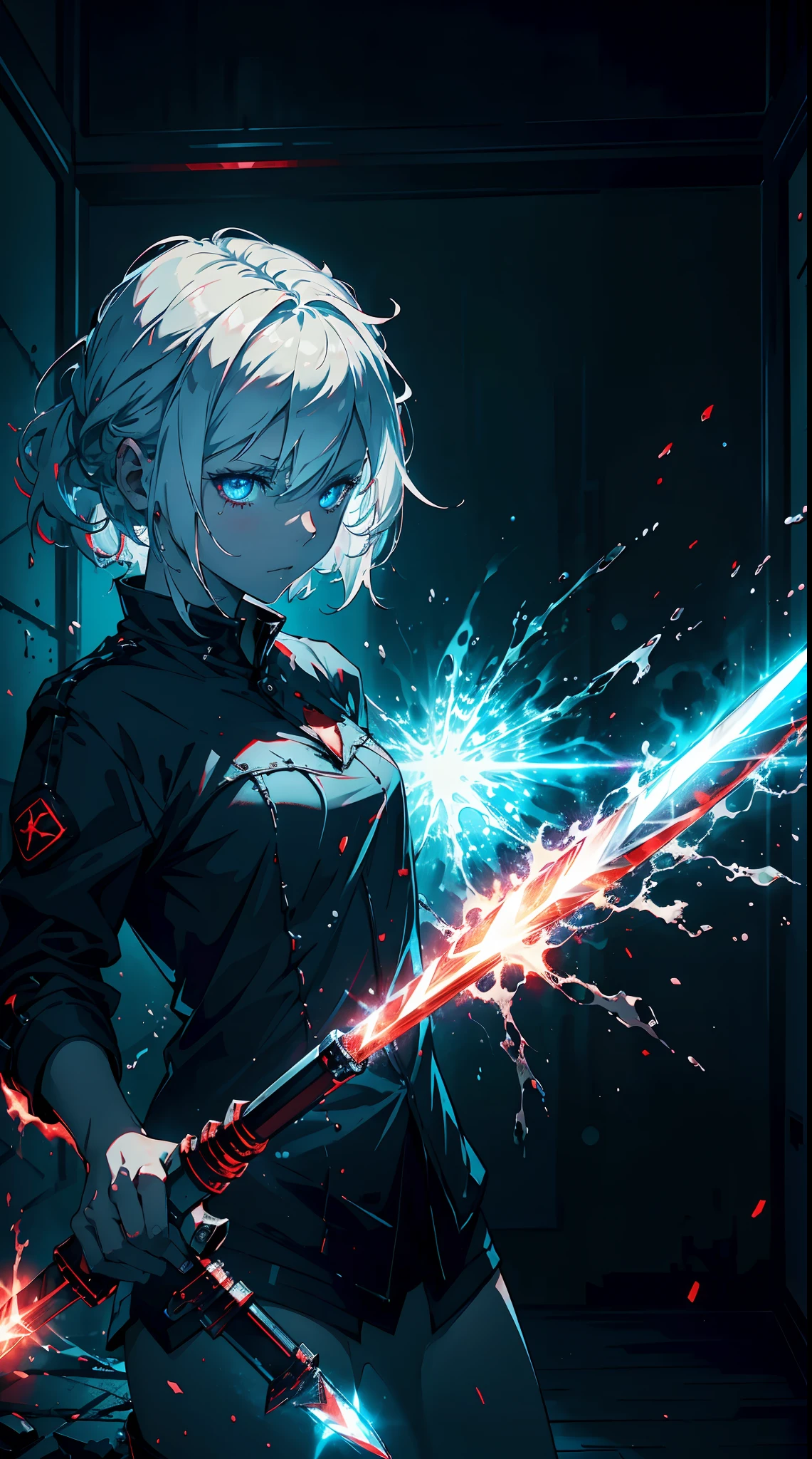 Gril, loli,white hair, blue eyes,Holding a knife, red liquid and red blood, living room background.HD lighting and dark )(epic image quality) dark atmosphere with bright particle light(many effects in background)