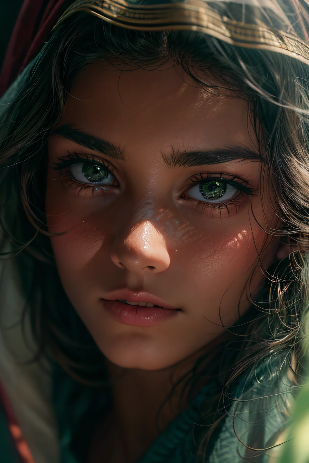 Close-up photo of a beautiful Arab girl, cara adorable, Pelo largo negro, sin maquillaje, textura realista de la piel, warm, Low saturation, verde, colores ricos, por alessio albi, Nikon D850, ZEISS OTUS 85mm F/1.4, hiperrealista ,Textura realista, Dramatic lighting, CineStill 800