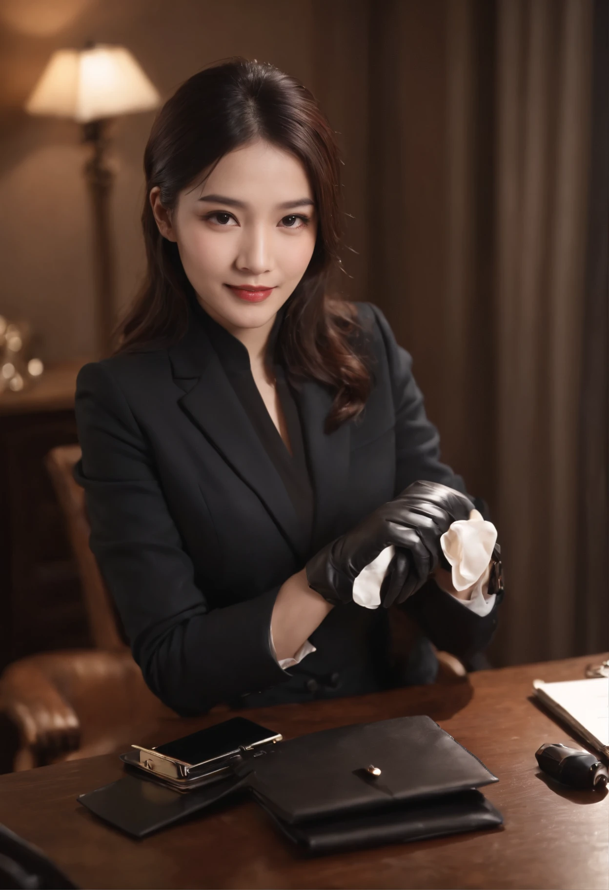 Wearing black leather gloves on both hands, Upper body, Black business suit, Facing the desk in my room with a computer in the dark, Look down and smile, Use a fountain pen to write a letter, Black hair was tied back for a long time, Japan female new employee who is still young and very cute (Black leather gloves cover both hands)Both hands in black leather gloves doing work