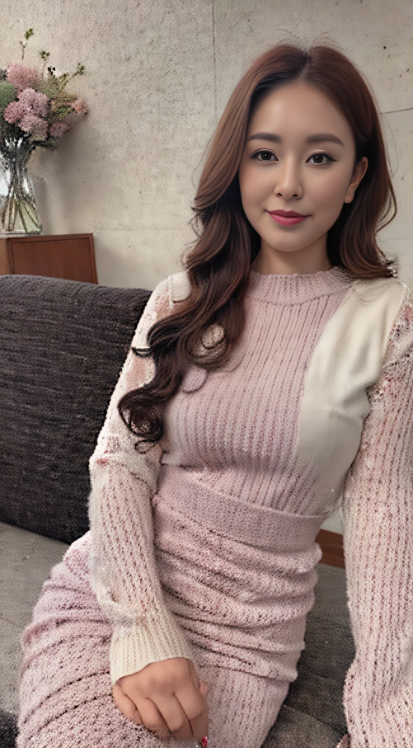 In the living room with sofa, there is a woman in a lilac knitted dress posing for a photo, Crewneck clothes,Knitted tight clothing set, Wear sexy dresses, clear curvy details, 8K)), ( ivory black ), lacey, The upper part of the body, full - length view,Wavy hairstyles