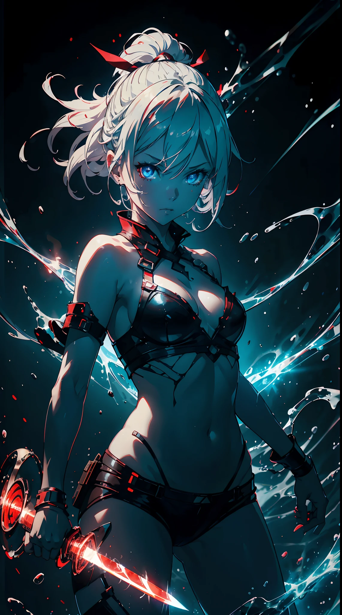 Gril, li,white hair, blue eyes,Holding a knife, red liquid and red blood, living room background.HD lighting and dark )(epic image quality) dark atmosphere with bright particle light(many effects in background)