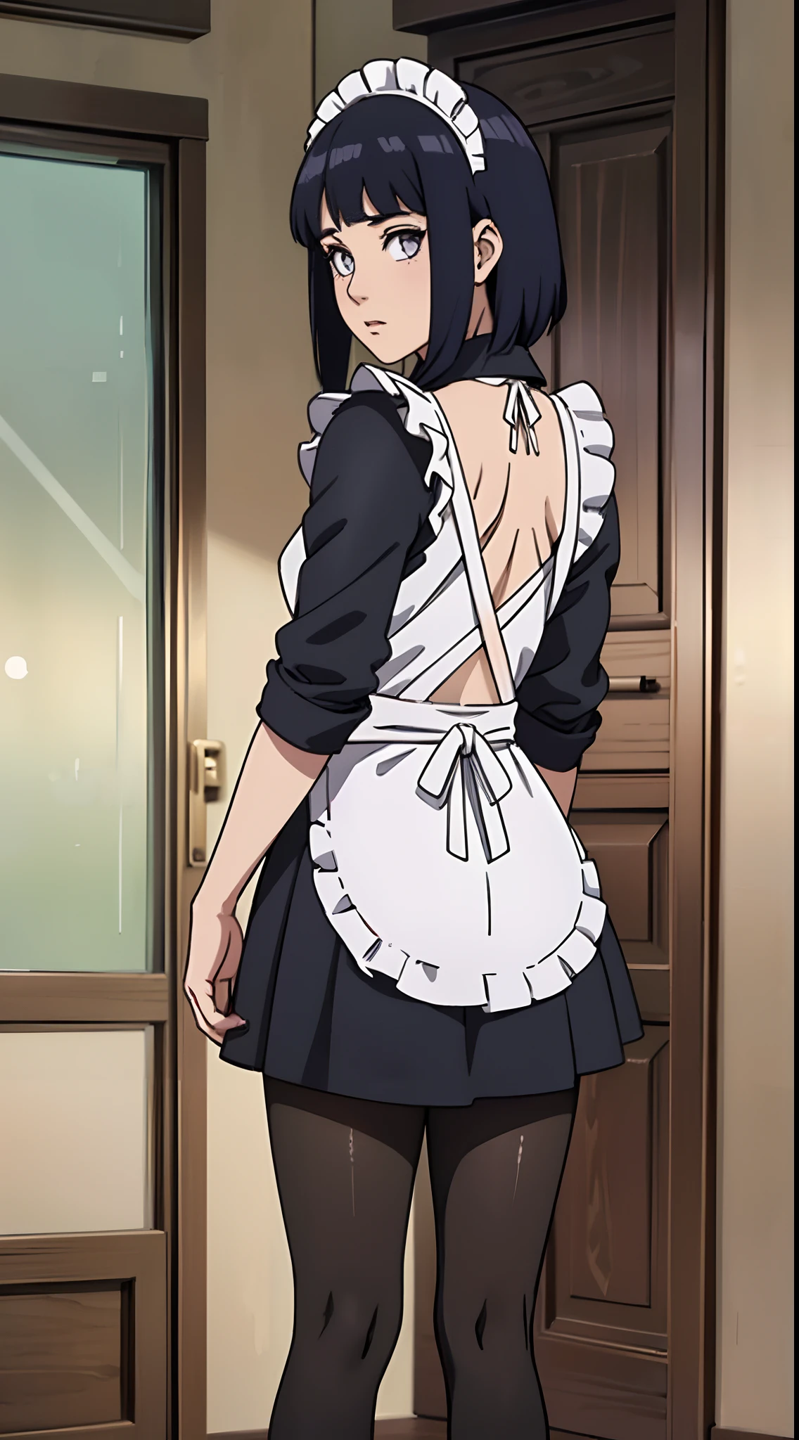 Pixel Hinata.Hinata\(bolts\), (masterpiece:1.2), bright skin、low angles、(Stockings、garterbelts、Black tights、Thin leg、beauty legs)、(top-quality、At 8K、32K、masterpiece、nffsw、超A high resolution、Impresionismo、Photorealsitic:1.2)、Dark hair、Frosted glass、backs、turned around、Thin woman、((Maid costumes、white maid apron、frills skirt、((Ultra mini skirt))