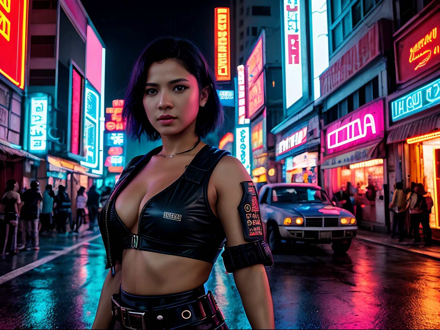 Uma linda Gina Valentina, short hair, decote, action movie scene, noite, Cyberpunk aesthetics, Bustling with neon signs, lotado de pessoas,cinematografia de filmes,Turma do Lixo, pessoa atraente,High emphasis on detail,Use of meteorological technology equipment,Turma do Lixo, tatuagens,Vida noturna,cheio de vida ,Turma do Lixo , action movie shot by Kon Satoshi, estilo Semi Impasto, tinta escura, Atmospheric, brilhante, dramatic lighting, olhos bonitos, symmetric eyes, olhos perfeitos, vaporwave, Synthwave