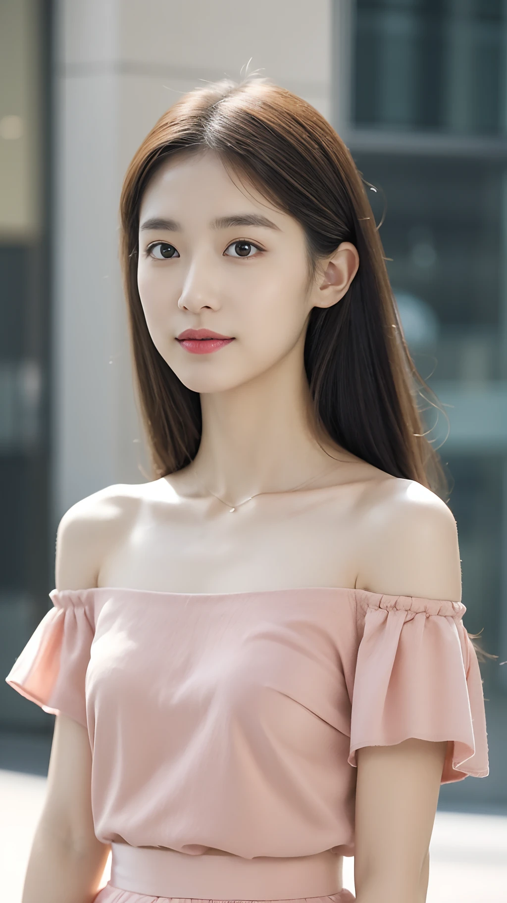 Fashion trendy beautiful attractive woman、Beautiful woman with gentle and attractive Japan、Delicate and sexy collarbone、charming oval face、二重まぶた、Smart peach blossom eyes、Pink lips、a small nose、bare shoulders​、Focus on Face、Close-up Face、超A high resolution、Ultra-detailed full-body photos、ultra-thin and light-transmitting、Off-the-shoulder shirt blends perfectly with slit skirts、Fresh and good、You can see through