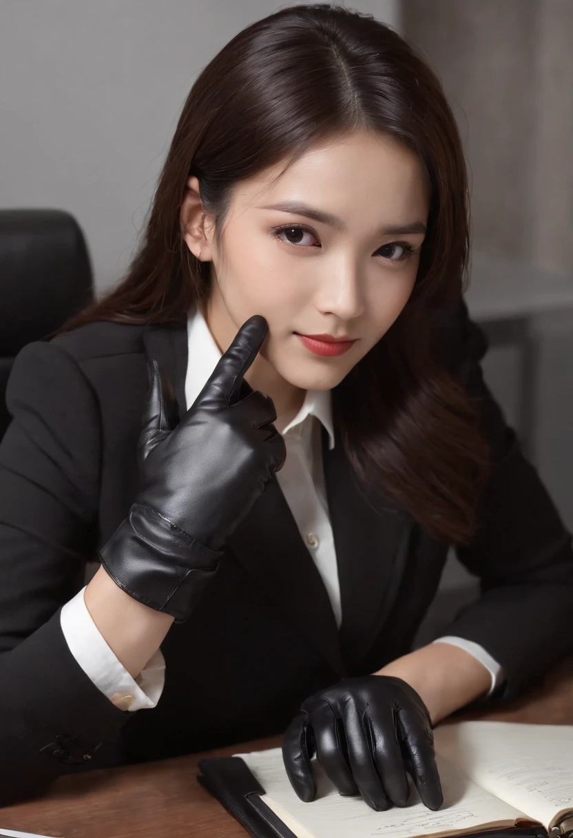 Wearing black leather gloves on both hands, Upper body, Black business suit, Facing the desk in my room with a computer in the dark, Look down and smile, Use a fountain pen to write a letter, Black hair was tied back for a long time, Still young and very cute Japan female new employee (Black leather gloves cover both hands)Working with both hands in black leather gloves