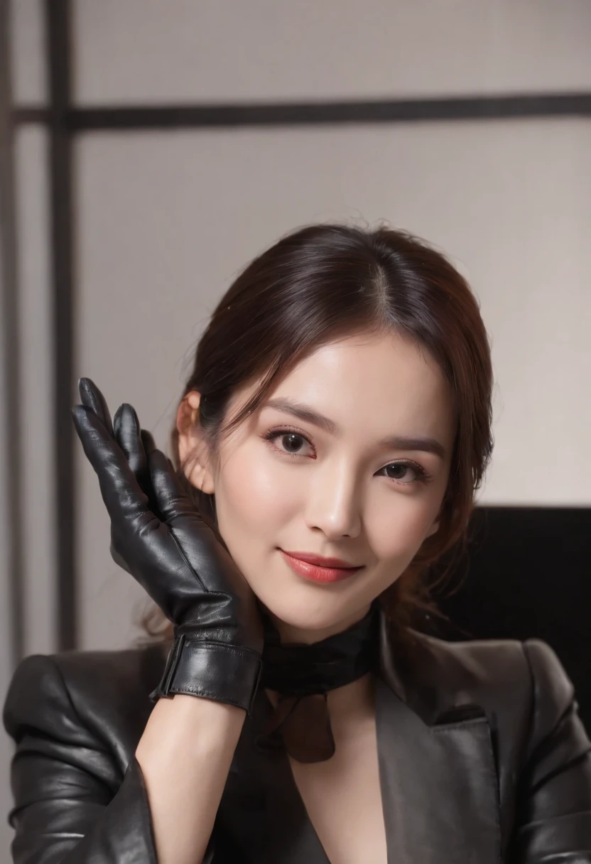 Wearing black leather gloves on both hands, Upper body, Black business suit, Facing the desk in my room with a computer in the dark, Look down and smile, Use a fountain pen to write a letter, Black hair was tied back for a long time, Still young and very cute Japan female new employee (Black leather gloves cover both hands)Working with both hands in black leather gloves