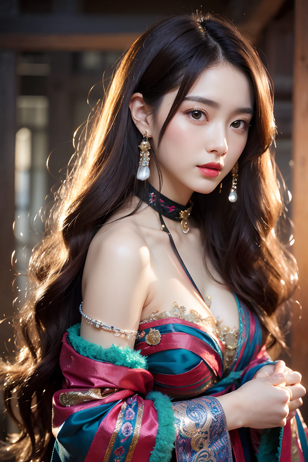 Works of masters,Higher quality,超高分辨率,8K分辨率,depth of fields,in a panoramic view,first person perspective,Vivid colors,s the perfect face,Girl,solo person,ssmile,Red lips,Big eyes,long whitr hair,A brown-haired,Wave head,Bracelet,Collar,bangle,Gorgeous Hanfu,frilld,lacing,Bare shoulders,fur shawl,Facing the viewer,eventide,Temple,Natural soft light