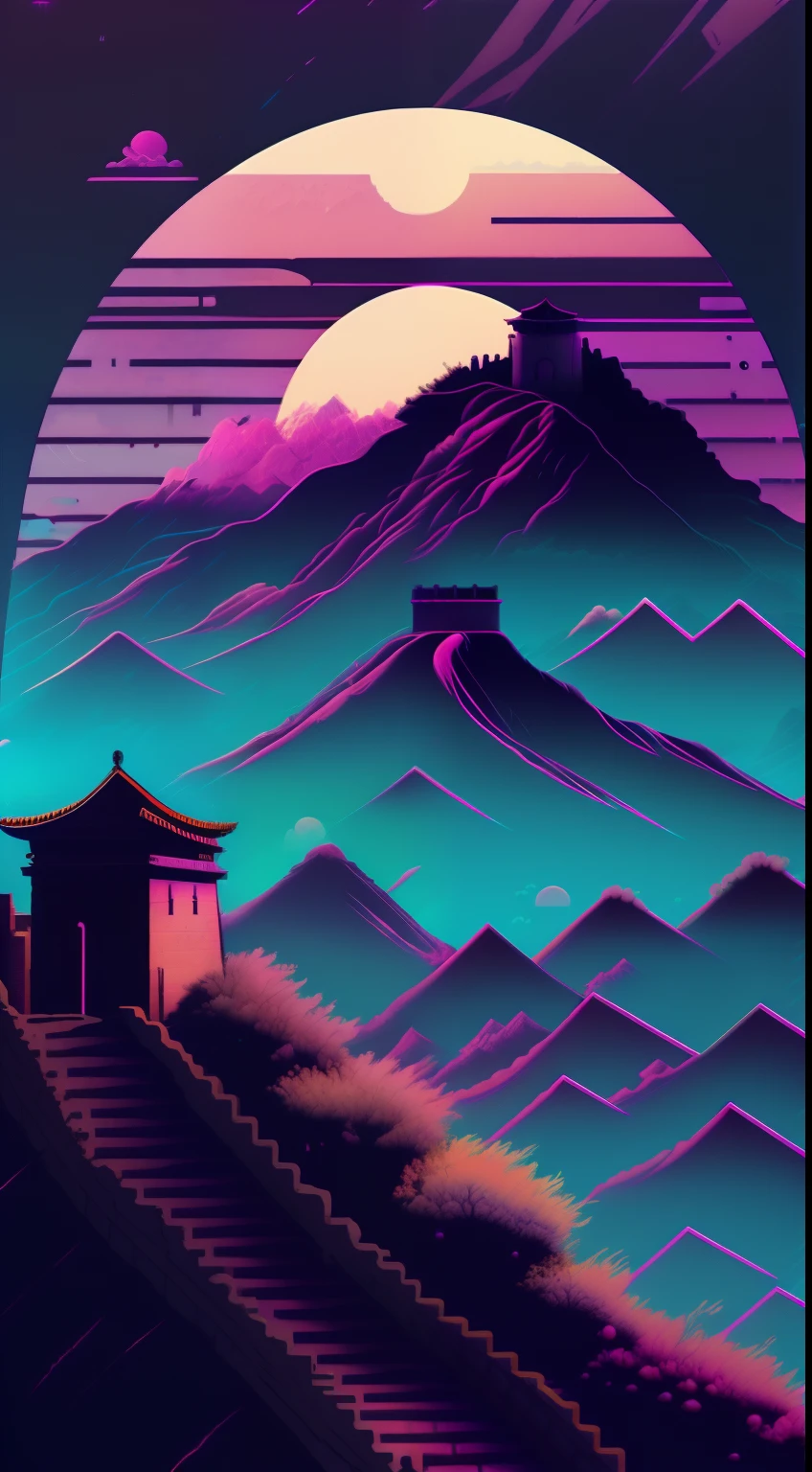 vaporwave style， Aesthetics， Chill， grieves， lofi style， ultra - detailed， Background with， The landscape， highly  detailed， 8K， k hd，Great Wall and City Walls，Mountains and the Great Wall。