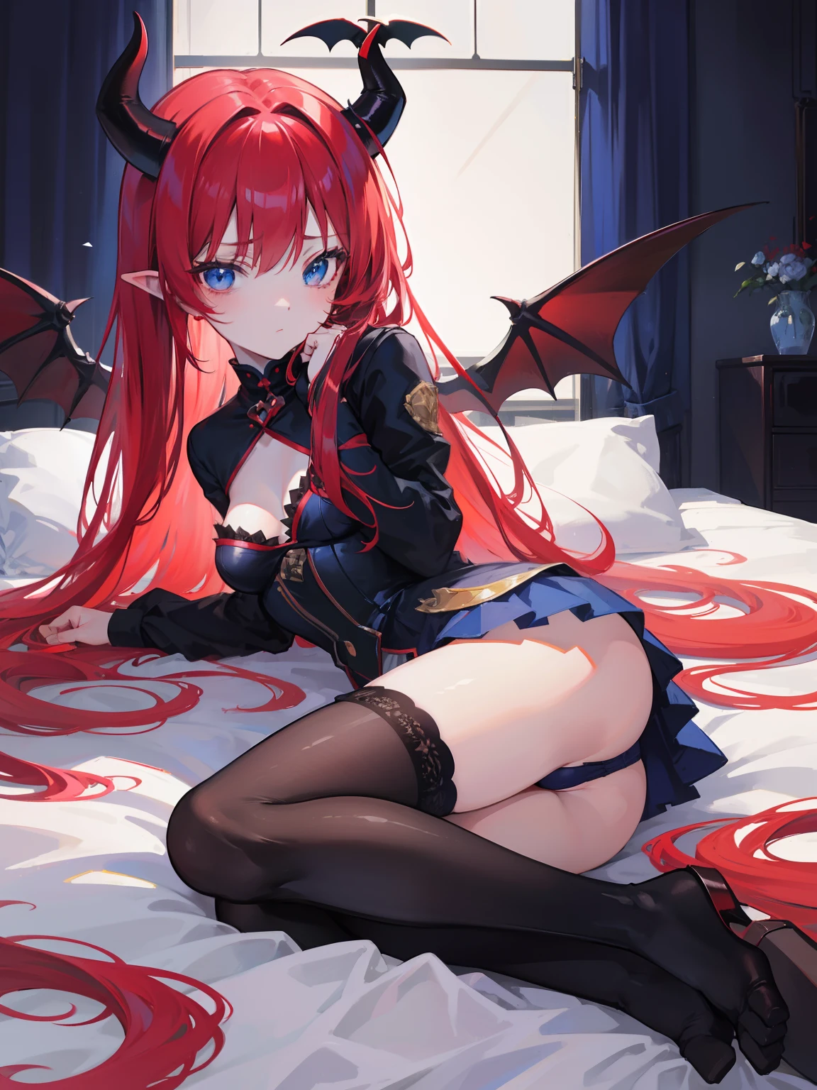 Red hair,Blue eyes,double tails, Long hair, Solo, , Black stockings,{{Best quality}}, {{Masterpiece}}, {{Ultra-detailed}}, {illustration}, {Detailed light}, {An extremely delicate and beautiful},Litte,Succubus, demon,Horns