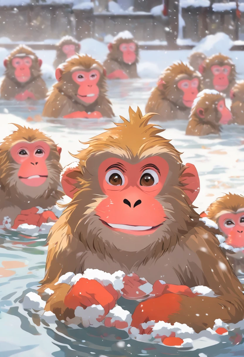 Japanese macaque　Heartwarming　Soak shoulder-deep in an open-air bath　Enter　Snow around