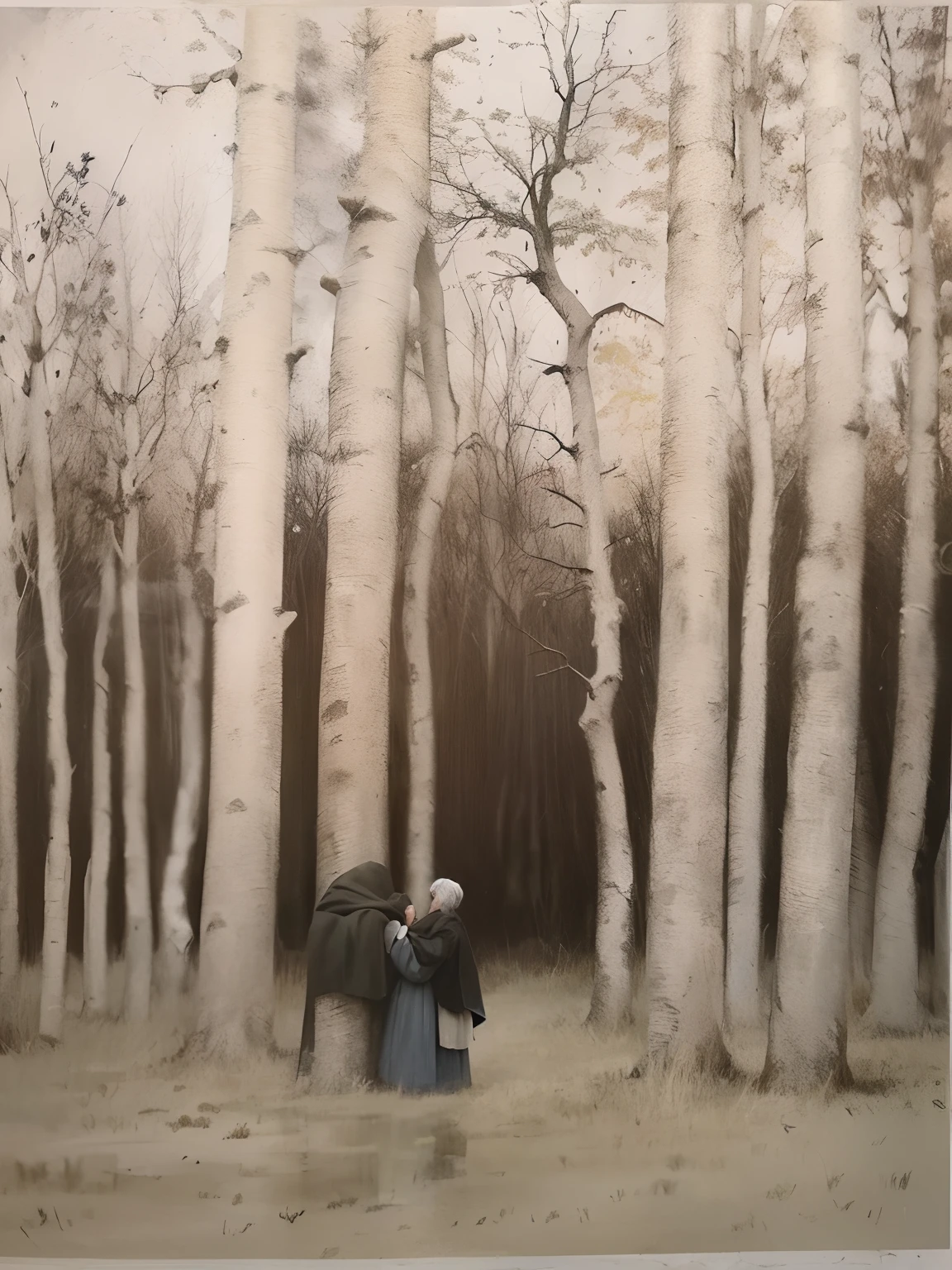 ((An extreme long shot)), far from the camera, far away from the viewer, of an old woman with dark grey hair, short hair neatly in a bun, wearing dirty clothes, in the meads is gathering rushes bundling sticks, at the end of fall in a large wicker basket, using a wool blanket to help cover the stick bundles under the blanket, wearing an old grey dress white shirt and a fringed grey shall, she has a grey cat, grey overcast sky, rainy, drizzle, misty fog, swamp, bogs, shrubs  and dead shrub branches sticking out of the ground. 8k resolution extreme long shot, artistic oil painting hyperdetailed