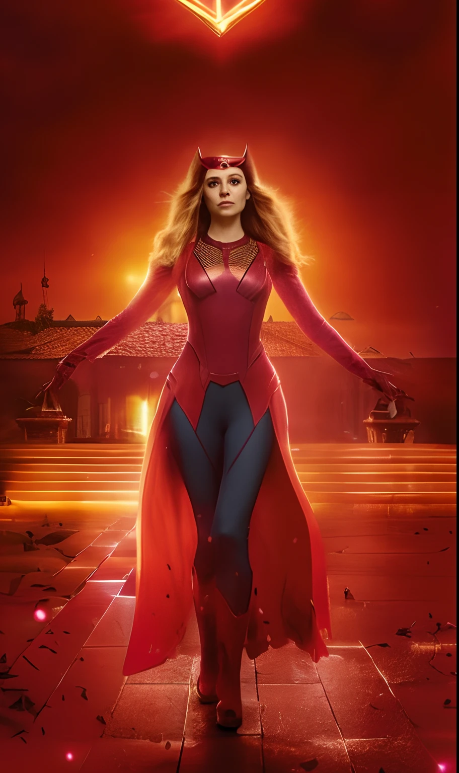 a woman in a red costume standing on a brick walkway, Traje de Feiticeira Escarlate, Elizabeth Olsen a Feiticeira Escarlate, Elizabeth Olsen como Feiticeira Escarlate, Feiticeira Escarlate Marvel, Feiticeira Escarlate, Elizabeth Olsen como Feiticeira Escarlate, Ela tem poderes de fogo, wanda maximoff, A magia vermelha a rodeia, sem texto, a dark phoenix, De um filme da Marvel