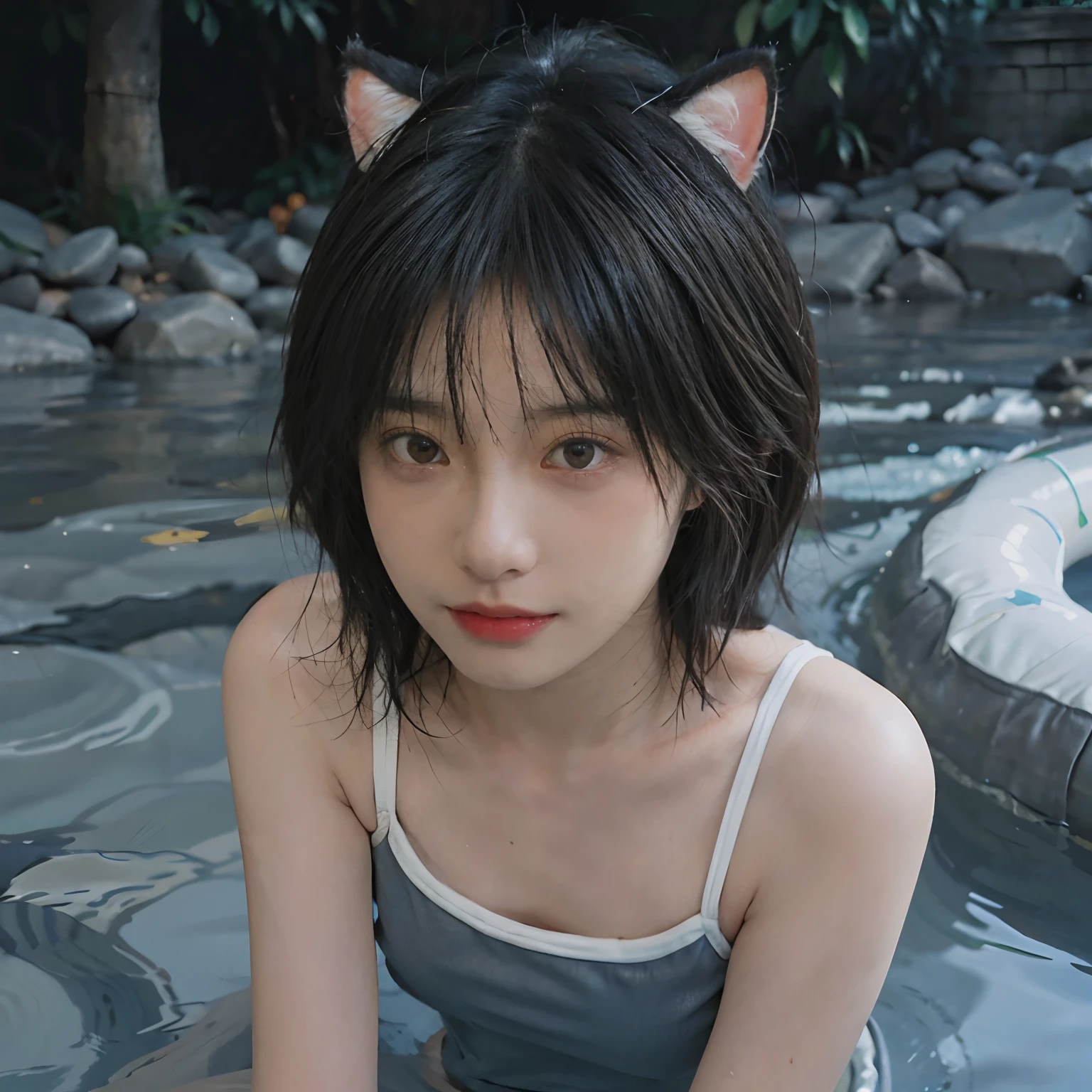 8K,NSFW、((Playing in the river))、((Wearing a small swimsuit))、(((greyt hair))) 、undersized head、Best Quality, masutepiece, Ultra High Resolution, (Realism: 1.4), Original photo, (True skin texture: 1.3), (Film grain: 1.3), Beautiful eyes and face details, masutepiece, Best Quality, close up, Full body, Look at the viewer,Orange ribbon、short-cut、18year old、Cream-colored cat ears