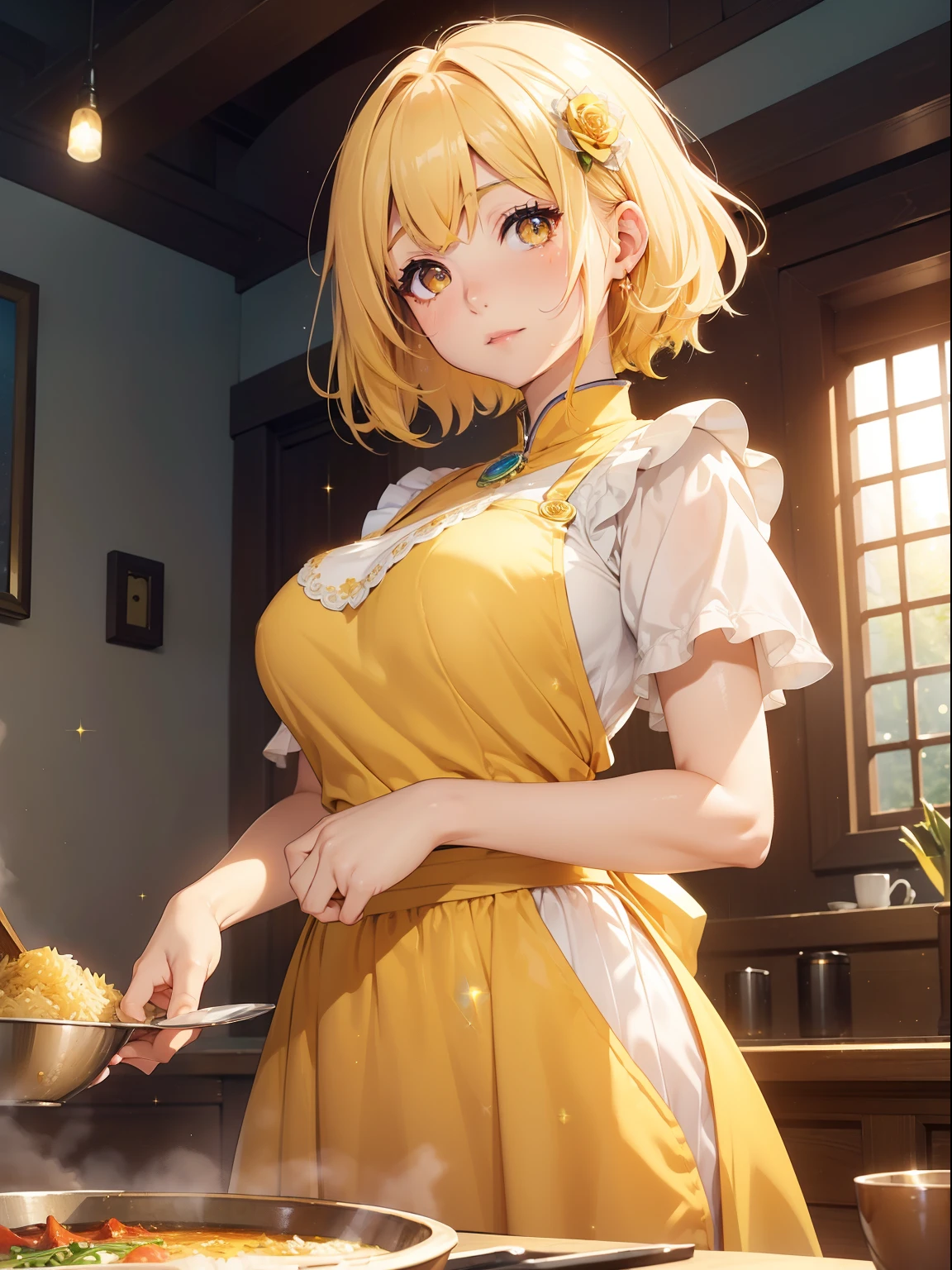 masutepiece, High resolution, 8K, anime woman, Delicate and detailed writing 、Detailed digital illustration、Short hair、perm、Shiny hair、Bangs、a very beautiful woman、Eyes are double, Large, Bust is D cup、High image quality, High quality、Detailed background、The inside of the eye shines like a diamond、Light yellow hair、Gradient pupil、(((2 arms、4 fingers, 1 thumb)))、Detailed female face、Very beautiful and cute woman、、细致背景、​masterpiece、Soft Focus , Bright gradient watercolor , Lens Flare , (((Glitter))) , Glow , Dreamy , Yellow Ribbon、((Very beautiful yellow rose hair accessories))、((Straight at the angle of the front))、
(sexy white apron),(((Eat curry rice)))