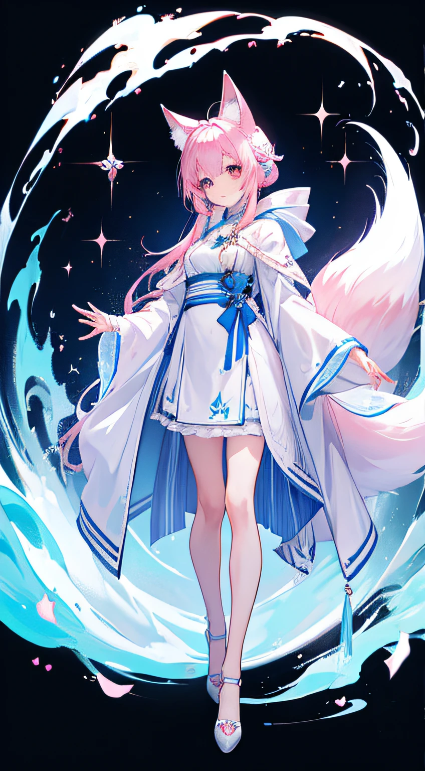 Fox royal sister，fox ear，Blue fox with big tail，A pink-haired，Big white fox on the back，Blue robe，Long heels，stand posture，folding fan，Blue frieze ，Full body standing painting