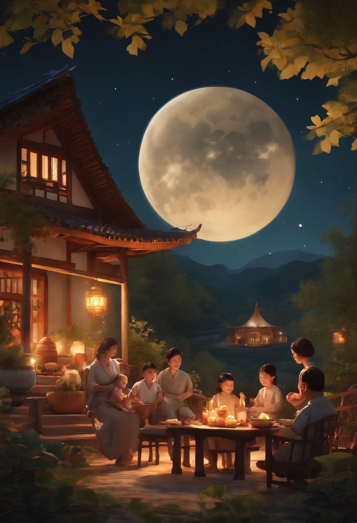 (top-quality、8K、tmasterpiece:1.3)、Full moon and stars in sky illustration,The family sits together eating mooncakes,Mom and dad laugh with the kids,Have in the living room、Bright house scene,extremely detailed face and skin,Heartwarming scene,perfect detail