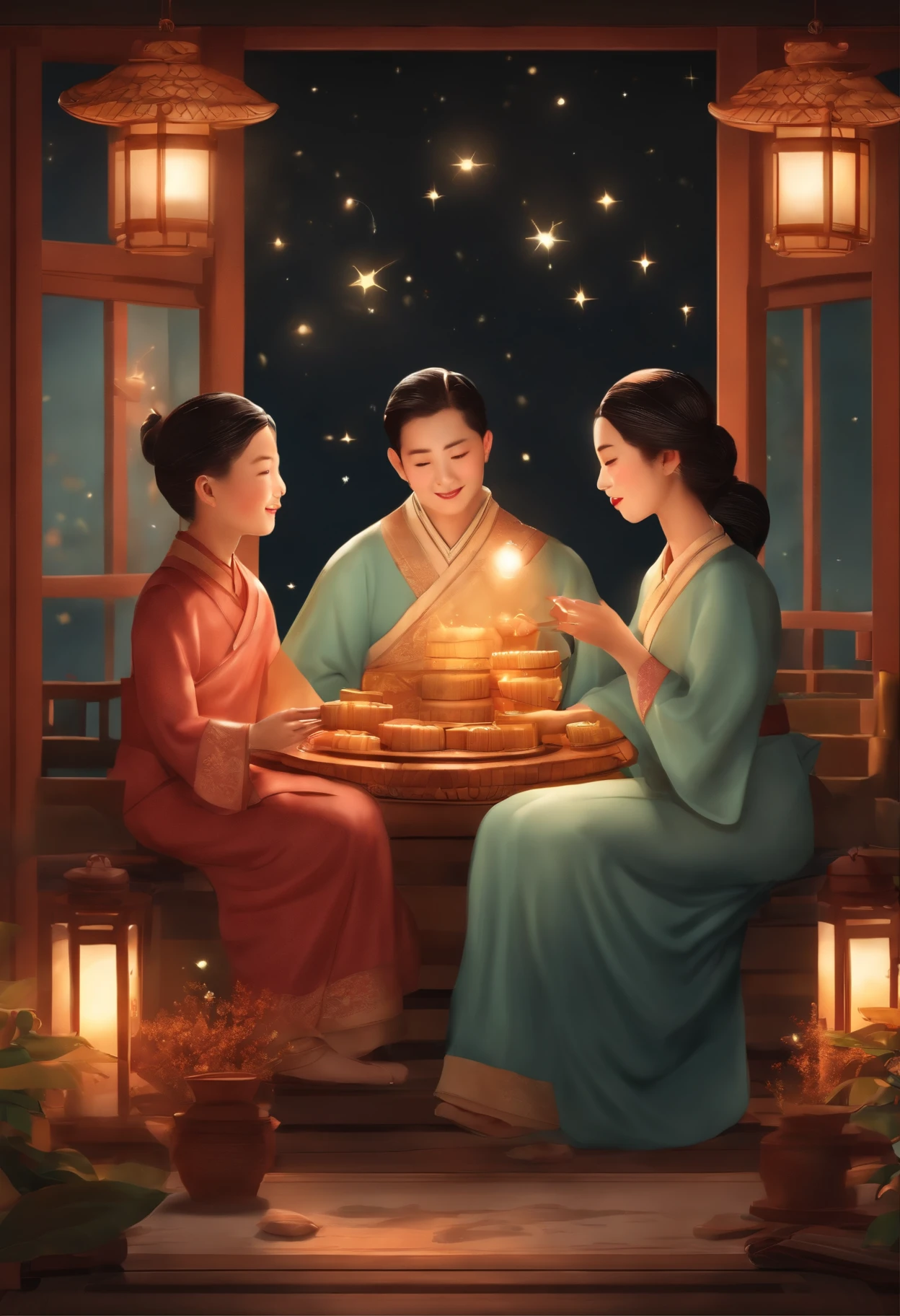 (top-quality、8K、tmasterpiece:1.3)、Full moon and stars in sky illustration,The family sits together eating mooncakes,Mom and dad laugh with the kids,Have in the living room、Bright house scene,extremely detailed face and skin,Heartwarming scene,perfect detail
