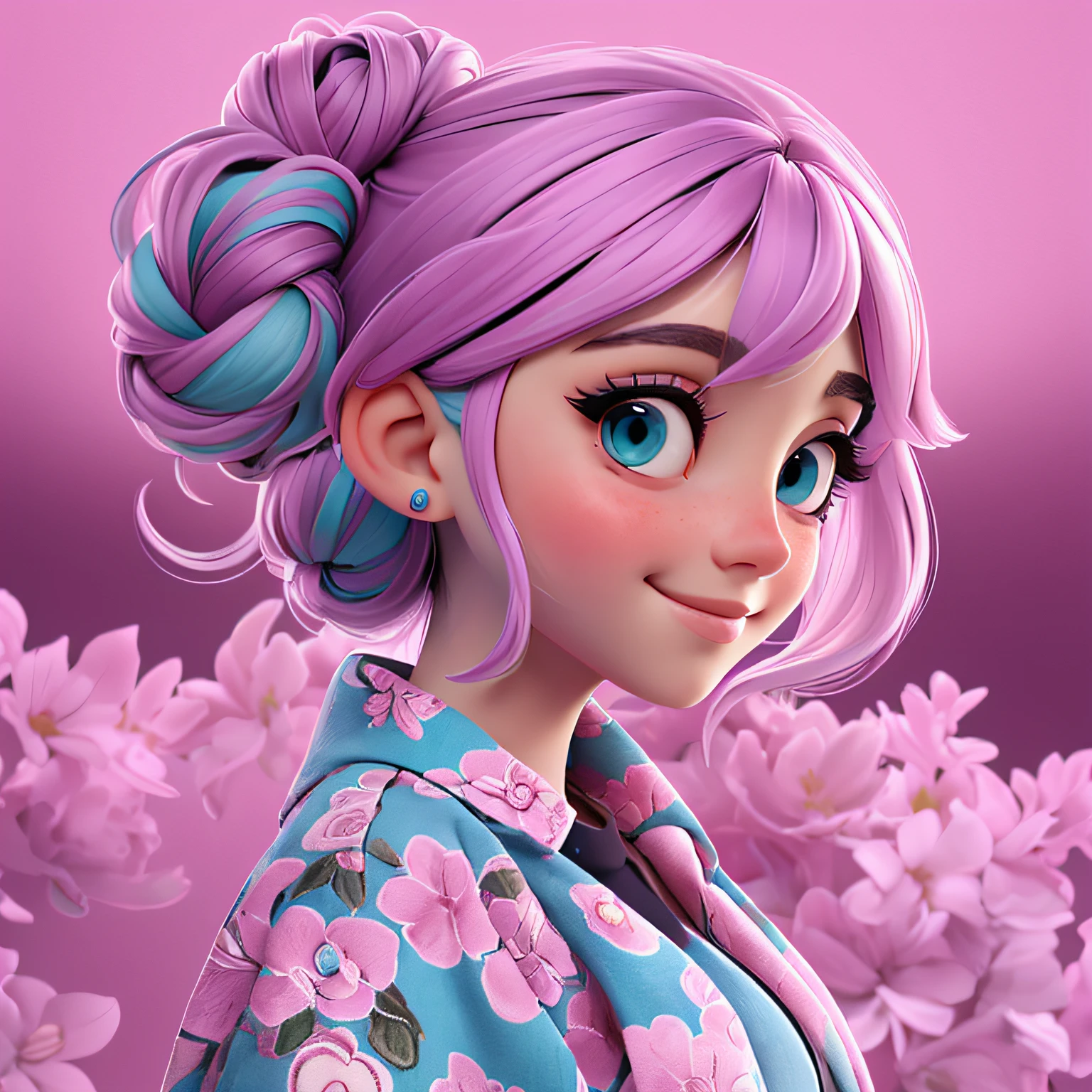 uma meniur hair is stuck in a messy bun, pavor, multicolorido, roupas leves, corpo inteiro, The background is filled with a pastel shade, evoking a sense of lightness and happiness.