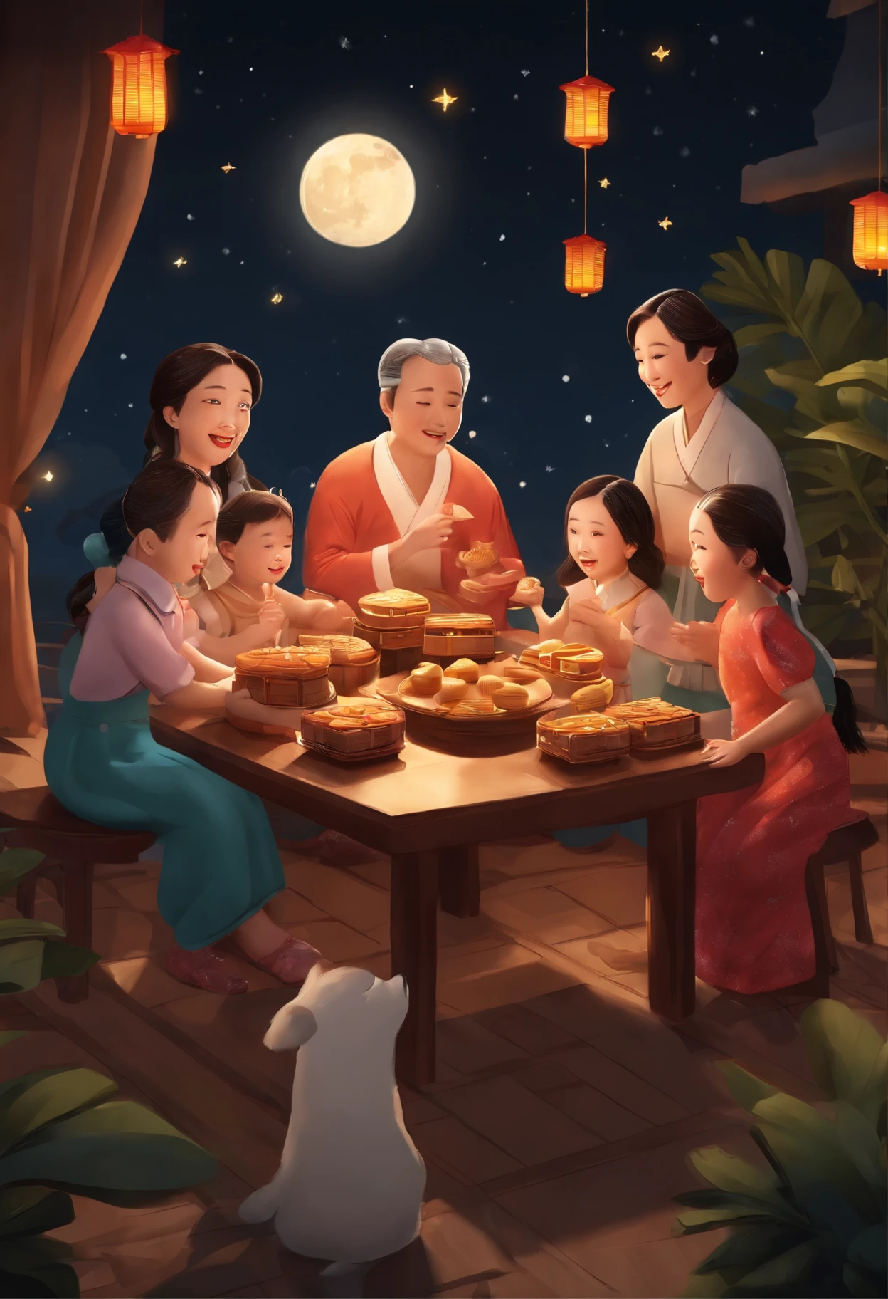 (top-quality、8K、tmasterpiece:1.3)、Full moon and stars in sky illustration,The family sits together eating mooncakes,Mom and dad laugh with the kids,Have in the living room、Bright house scene,extremely detailed face and skin,Heartwarming scene,perfect detail